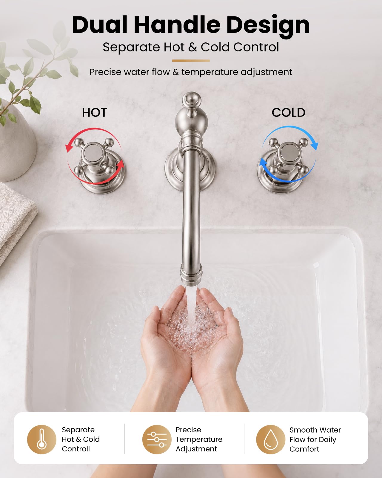 gotonovo Rubinetto per lavabo da bagno a 3 fori con doppia maniglia a croce rubinetto miscelatore per lavabo da bagno rubinetto per lavabo acqua calda fredda abbinata scarico pop-up nichel spazzolato