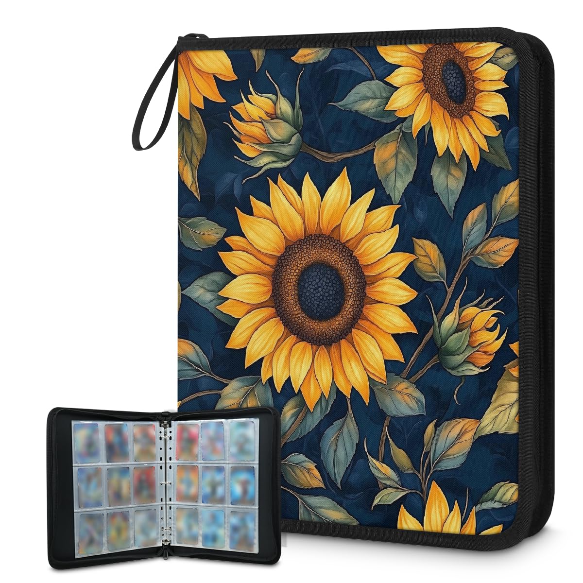 Mexpekil Raccoglitore di carte con foglie di girasole, 9 tasche con 50 pagine a caricamento laterale, cartellina per 900 carte, album per carte collezionabili con cerniera, impermeabile, porta carte