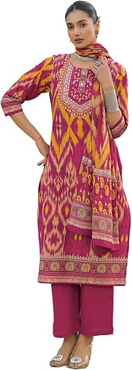 INDO ERA Women's Pink Pure Cotton Printed Sequinned Kurta &amp; Pant with Dupatta Set