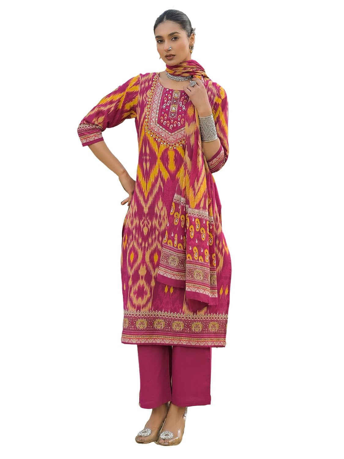 INDO ERA Women's Pink Pure Cotton Printed Sequinned Kurta & Pant with Dupatta Set - Review, Price and Buying Guide