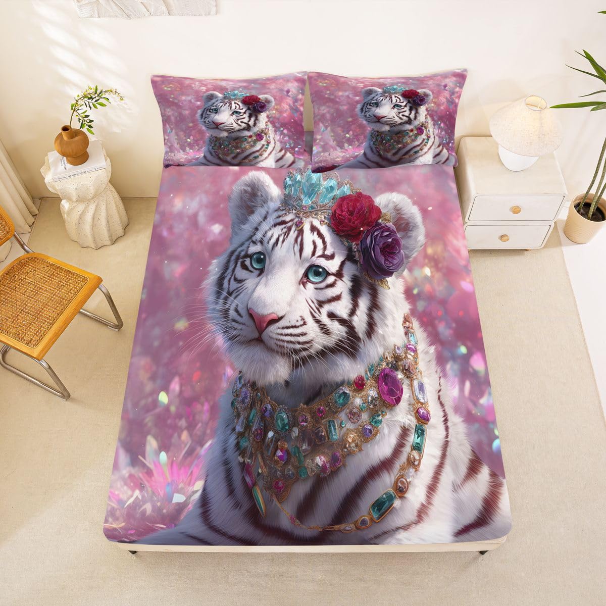 Loussiesd Drap Housse 180x200cm Blanc Tigre Drap-Housse Animaux Sauvages Doux Glitter Décoration avec 2 taies d'oreiller 65x65cm Faune Sauvage pour Matelas Épais jusqu'à 30 cm