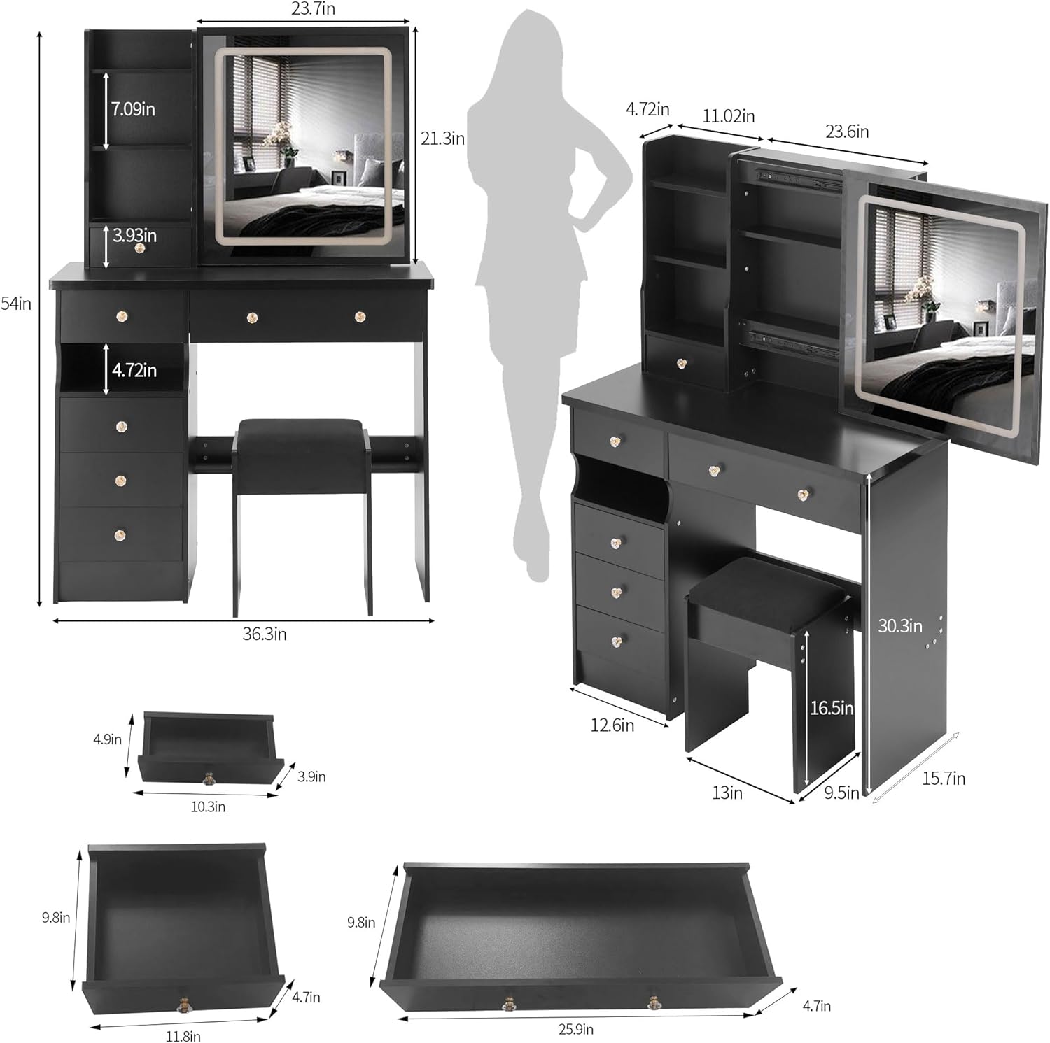 37" Vanity Desk with Mirror and Lights, Makeup Table with Led Lights and Sliding Mirror, 3 Lighting Colors, Vanity Set with 6 Drawers and Stool for Bedroom, Black
