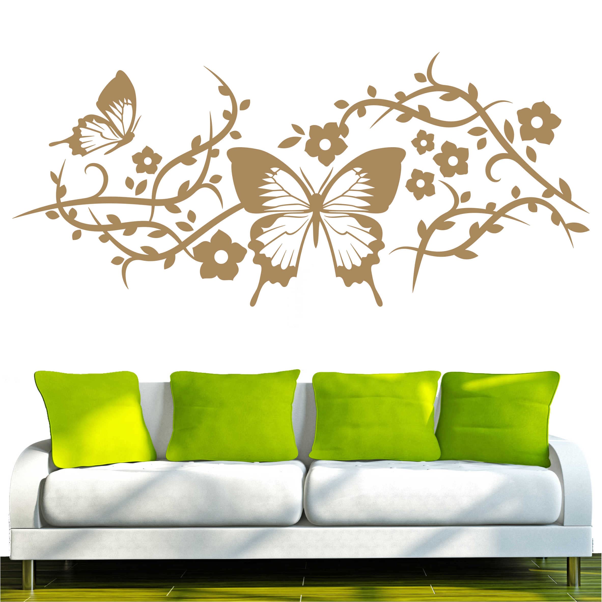 INDIGOS UG - Wandtattoo Wohnzimmer - Wandaufkleber Blüten Schmetterling Ranke Pflanze Tribal 240x105 cm - Hellbraun d171 - Aufkleber Kinderzimmer Schlafzimmer Küche Badezimmer Büro Dekoration