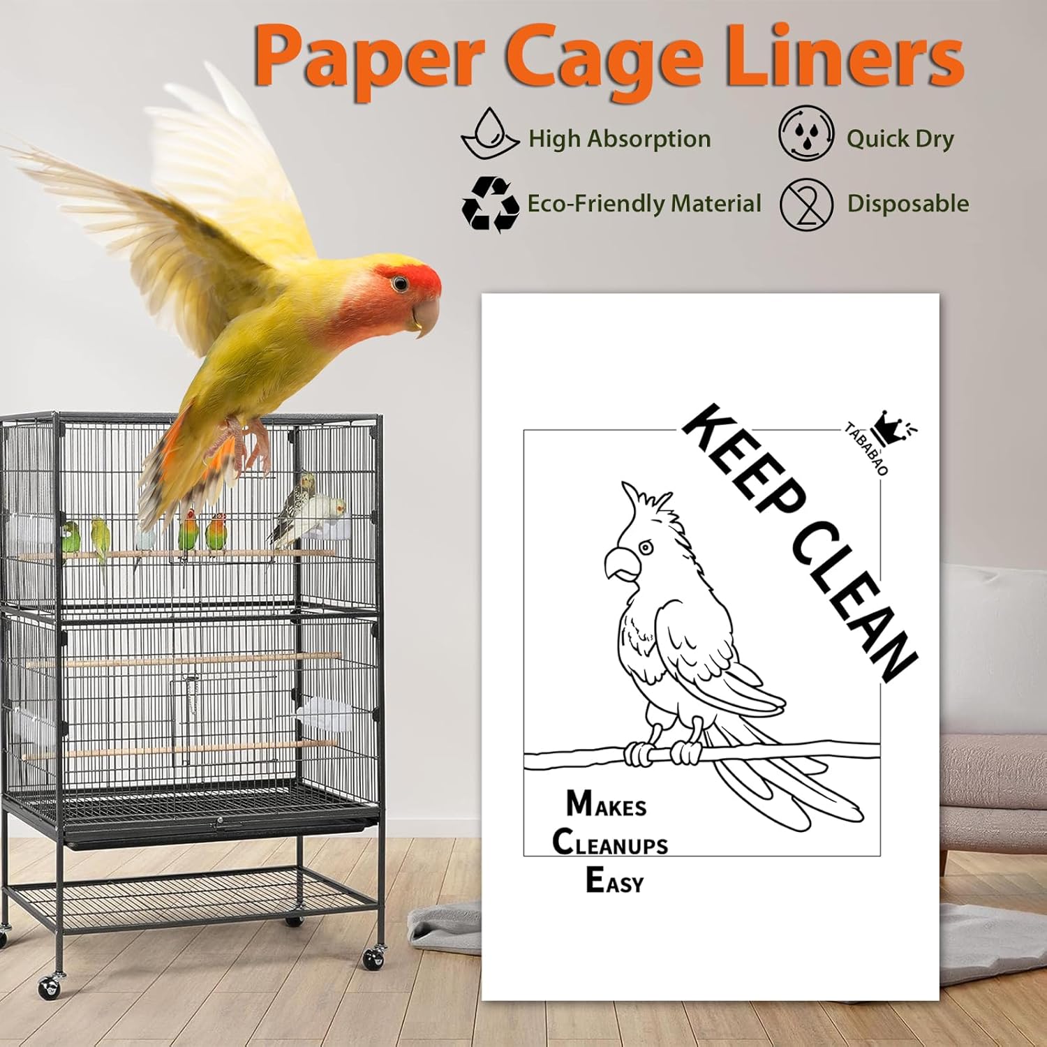 Bird Cage Paper Liners, Bird Cage Liners, 200pcs Disposable Paper Cage Liners for Birds, Pre-Cut Large Bird Cage Liners for Parrot, Parakeet, Conure, Cockatiel, 17 X 11 inch, White