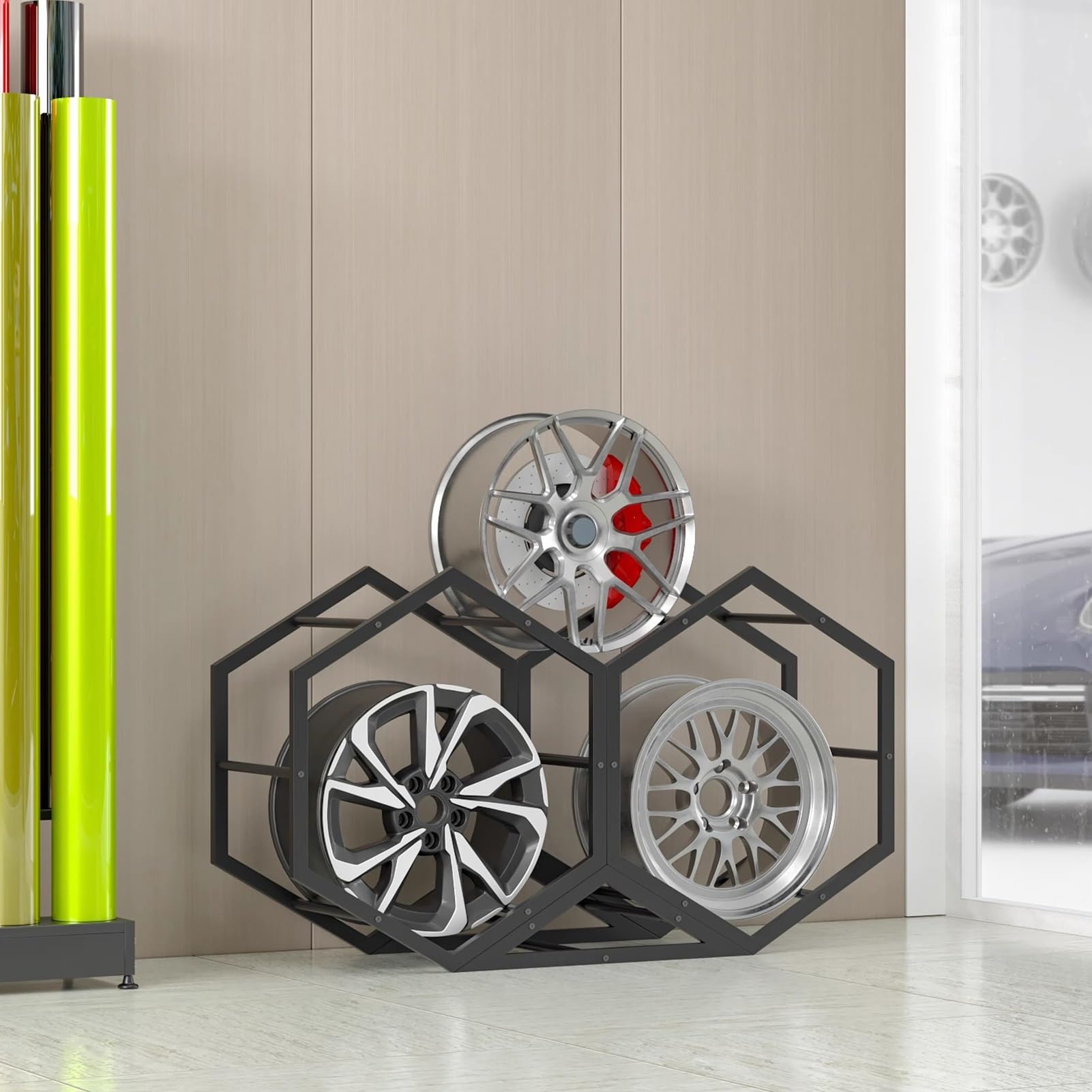 Support de Pneu, présentoir de Jantes de Voiture Noir, Organisateur de Rangement de Jantes de Pneu Robuste, étagère hexagonale en Acier, Support de Pneu de Garage, Support d'exposition de ja