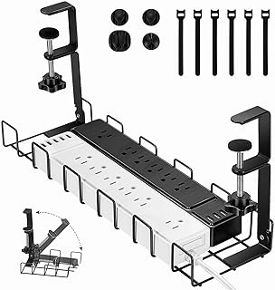 Under Desk Cable Management Tray, No Assembly No Drill Desk Cable Organizer Kit, Wire Management Rack with Cable Clips & Ties, Sturdy Computer Cord Organizer with Clamp for Home Office