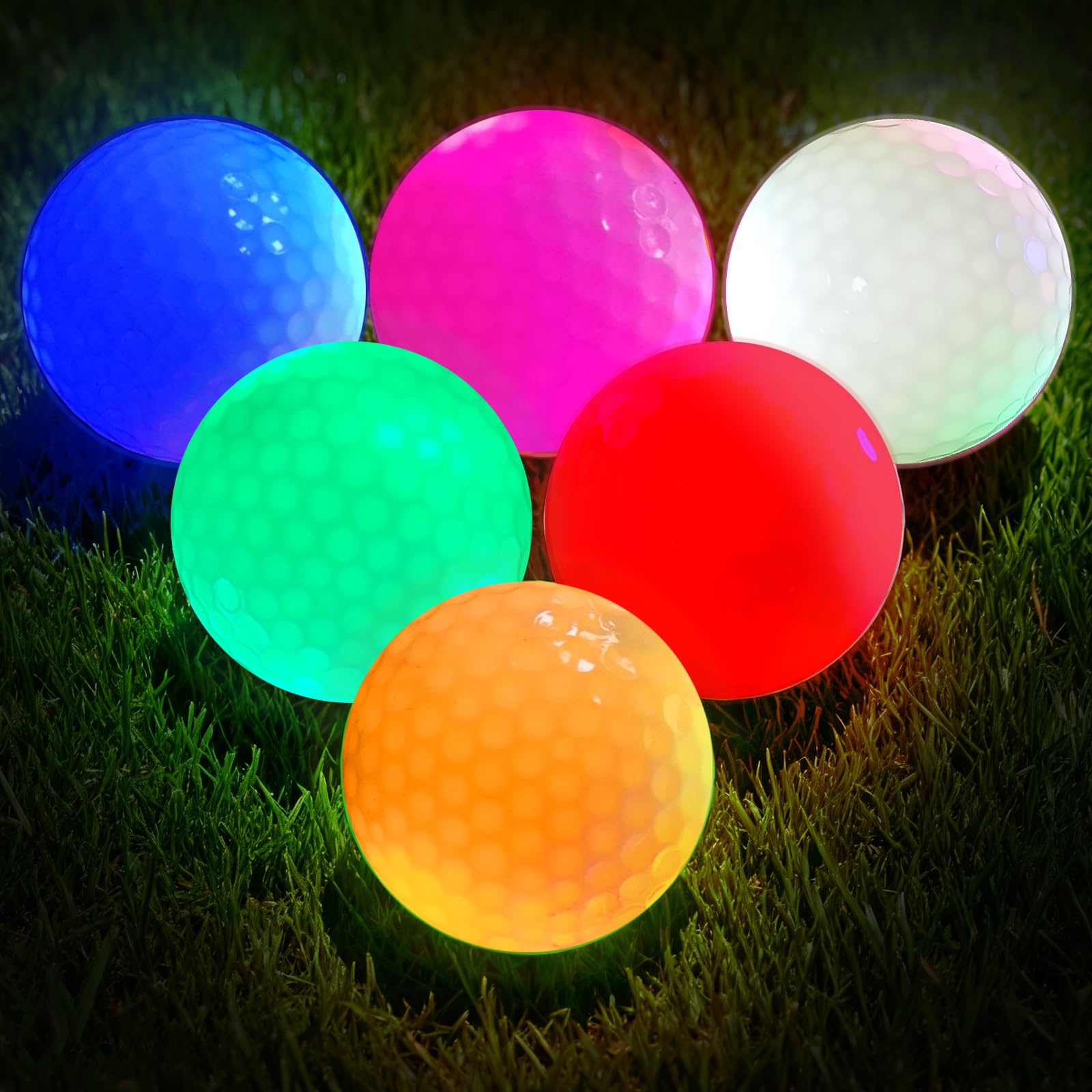 Lot de 6 balles de golf lumineuses à LED multicolores - Balles de golf lumineuses - Idéales pour l'entraînement de nuit