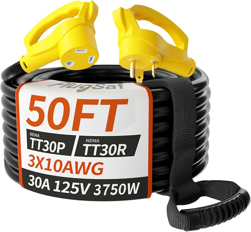 PlugSaf 50 FT 30 Amp RV Extension Cord Outdoor, 10AWG 125V 3750W STW Yellow | NEMA TT-30P/R, Flexible 10 Gauge Extension Cord Heavy Duty, 50 Foot RV Power Cord Waterproof with Grip Handle, ETL Listed