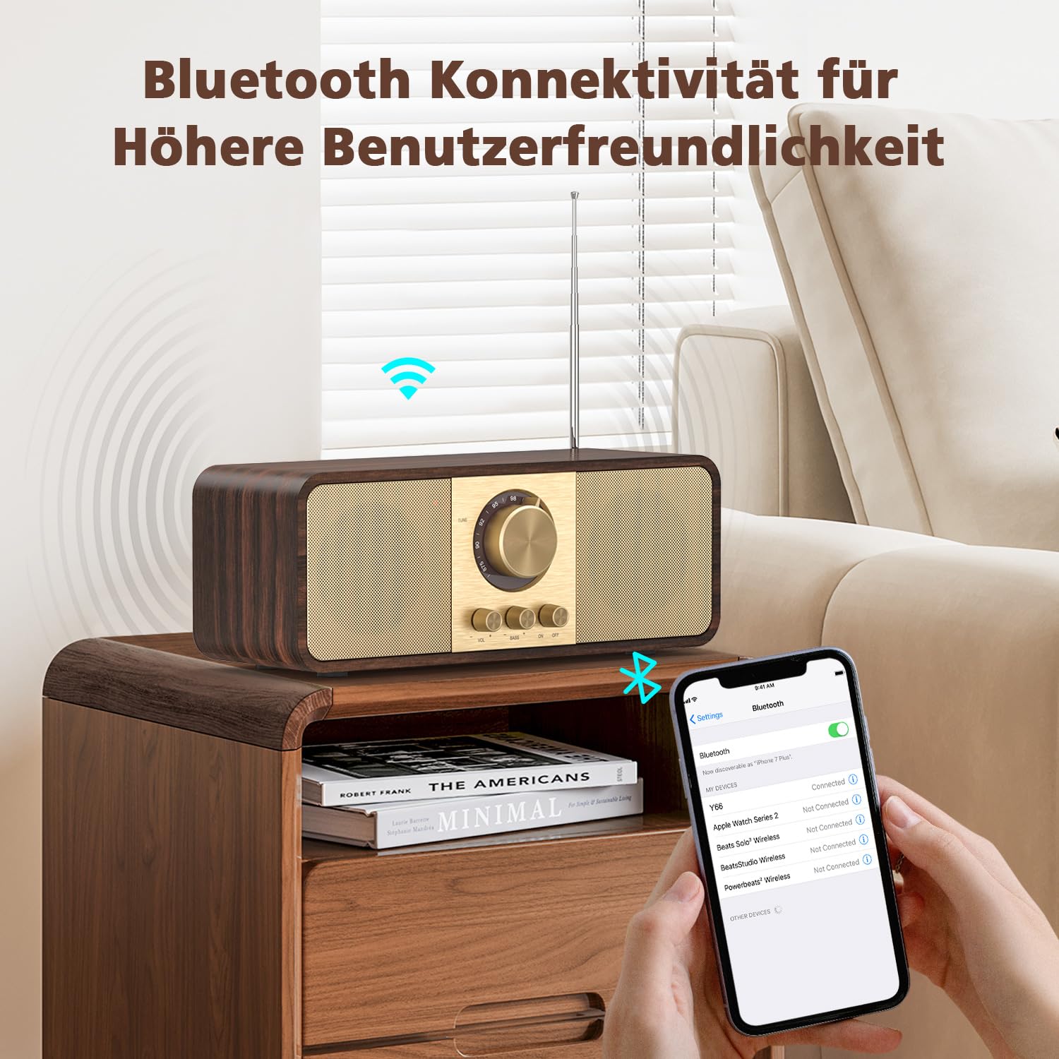 Radio nostalgica, radio retrò con Bluetooth e scheda TF | Alimentazione a batteria da 3000 mAh, con subwoofer da 2 x 8 watt, radio retrò con AUX/USB, radio per cucina/camera da letto