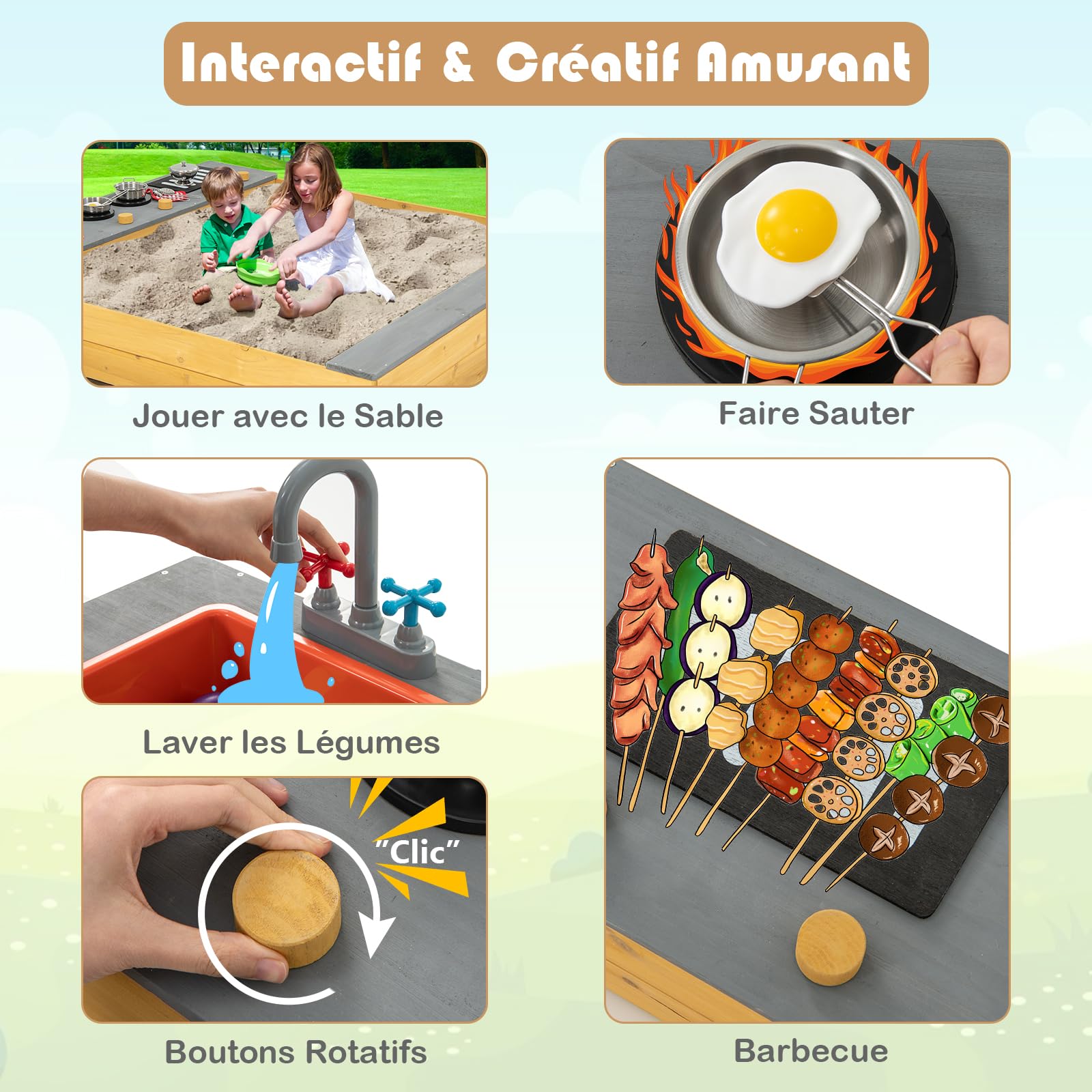GOPLUS - Bandeja de arena de madera con banco de 135 x 125 cm, 3 en 1 bandeja de arena exterior con tapas, juego para niños de 3 a 8 años con utensilios de cocina para jardín, césped, playa