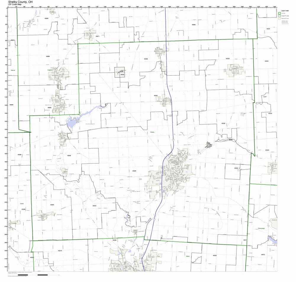Shelby County, Ohio OH ZIP Code Map Not Laminated Office