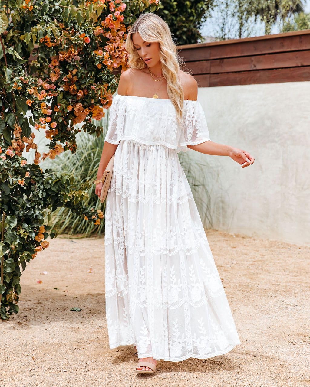 MERMAID'S CLOSET Maxi abito da donna con spalle scoperte in pizzo floreale Boho Flowy Wedding Guest formale abiti lunghi primavera
