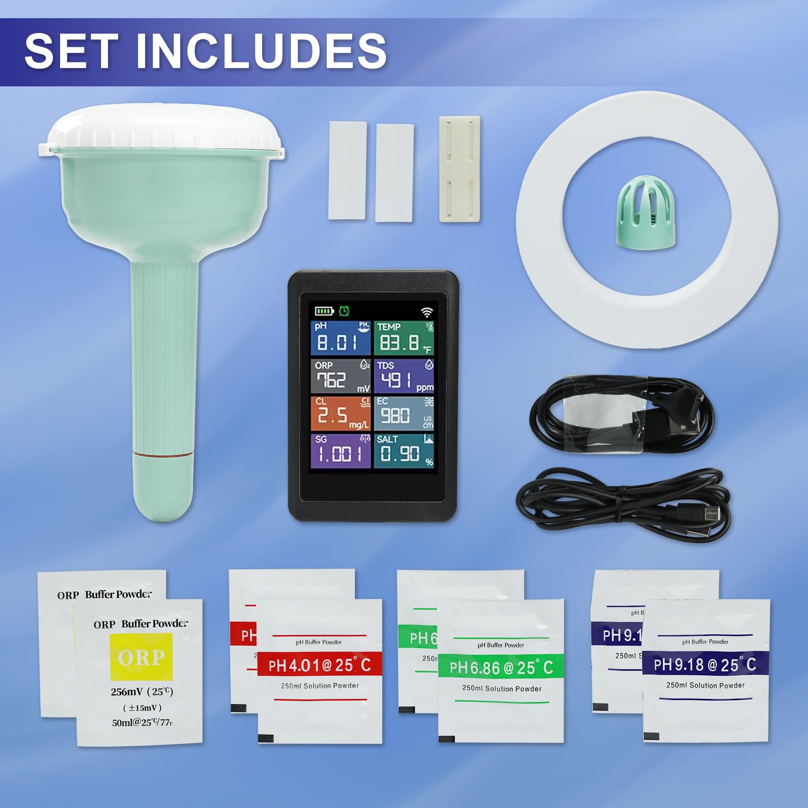 Smart WiFi Wasserqualitätstester, 8-in-1 digitales pH TDS EC Messgerät, Chlor Salzgehalt ORP S.G. Temperatur Multi-Parameter Monitor, Tuya App Echtzeit-Fernüberwachung für Pools, Aquarien, Spas