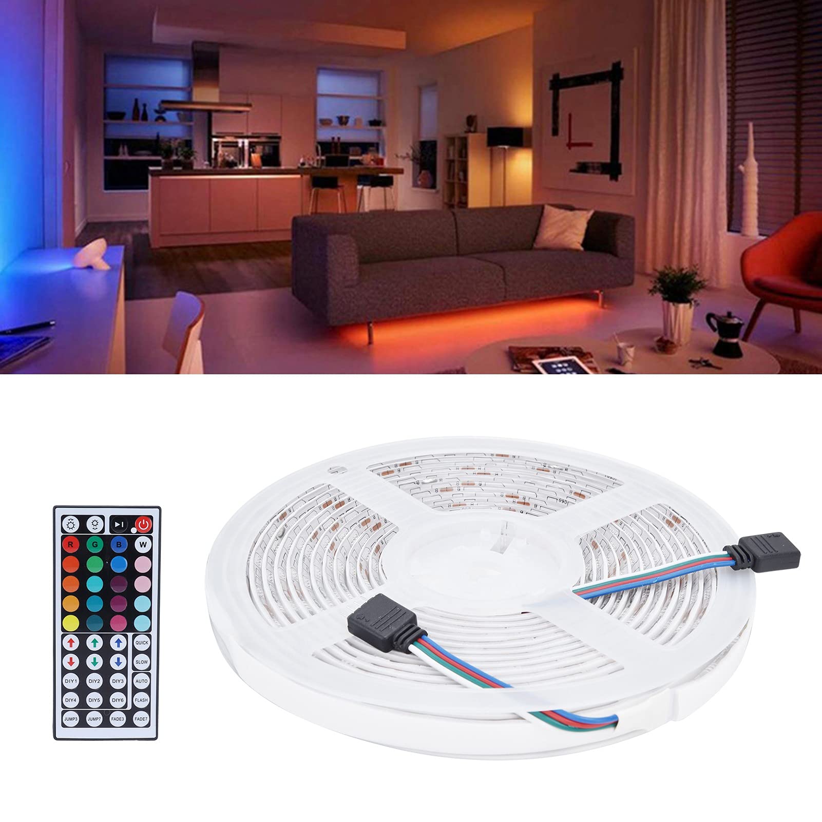 5050 Taśma świetlna RGB Wodoodporna 16,4 stopy, 300 diod LED Elastyczny zestaw taśm LED zmieniający kolor z 44-klawiszowym pilotem, Wodoodporne diody LED do dekoracji świątecznych, Pokój Strona główna