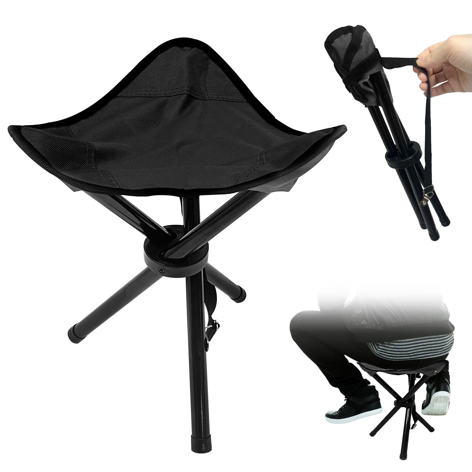 Travel Folding Camping Stool, 14.6 inches Tripod Chair and Maximum weight 300 lbs Outdoor Portable Party Chair Fishing Chairs Seat for Camping Fishing Hiking Gardening and Garden Painting Black