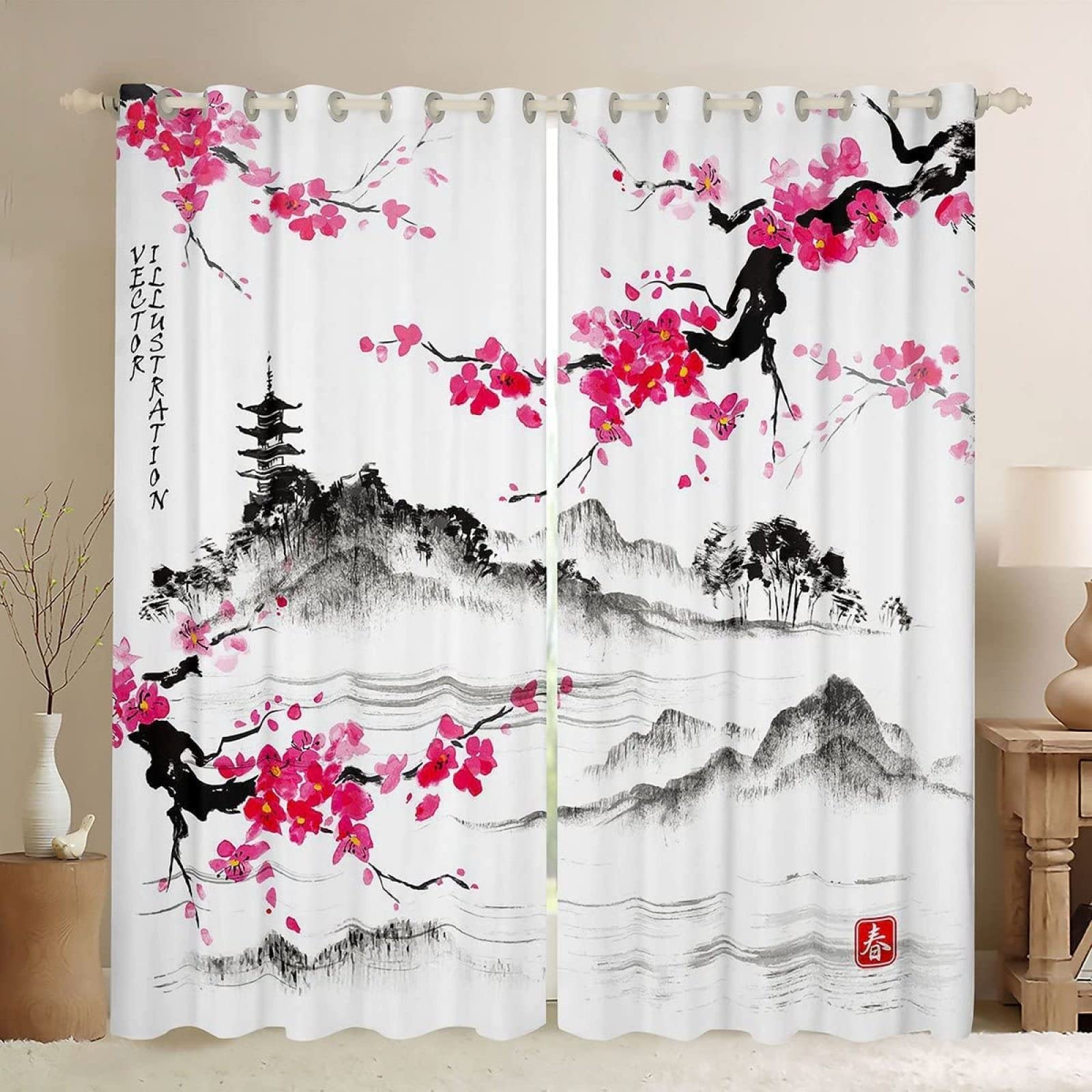Rideau Occultant 3D La Floraison des Cerisiers Japonais, Rideaux Polyester pour Adultes Enfants, Rideau Thermique Isolant Anti Froid pour Chambre à Coucher et Salon 2X L117cm x H230cm