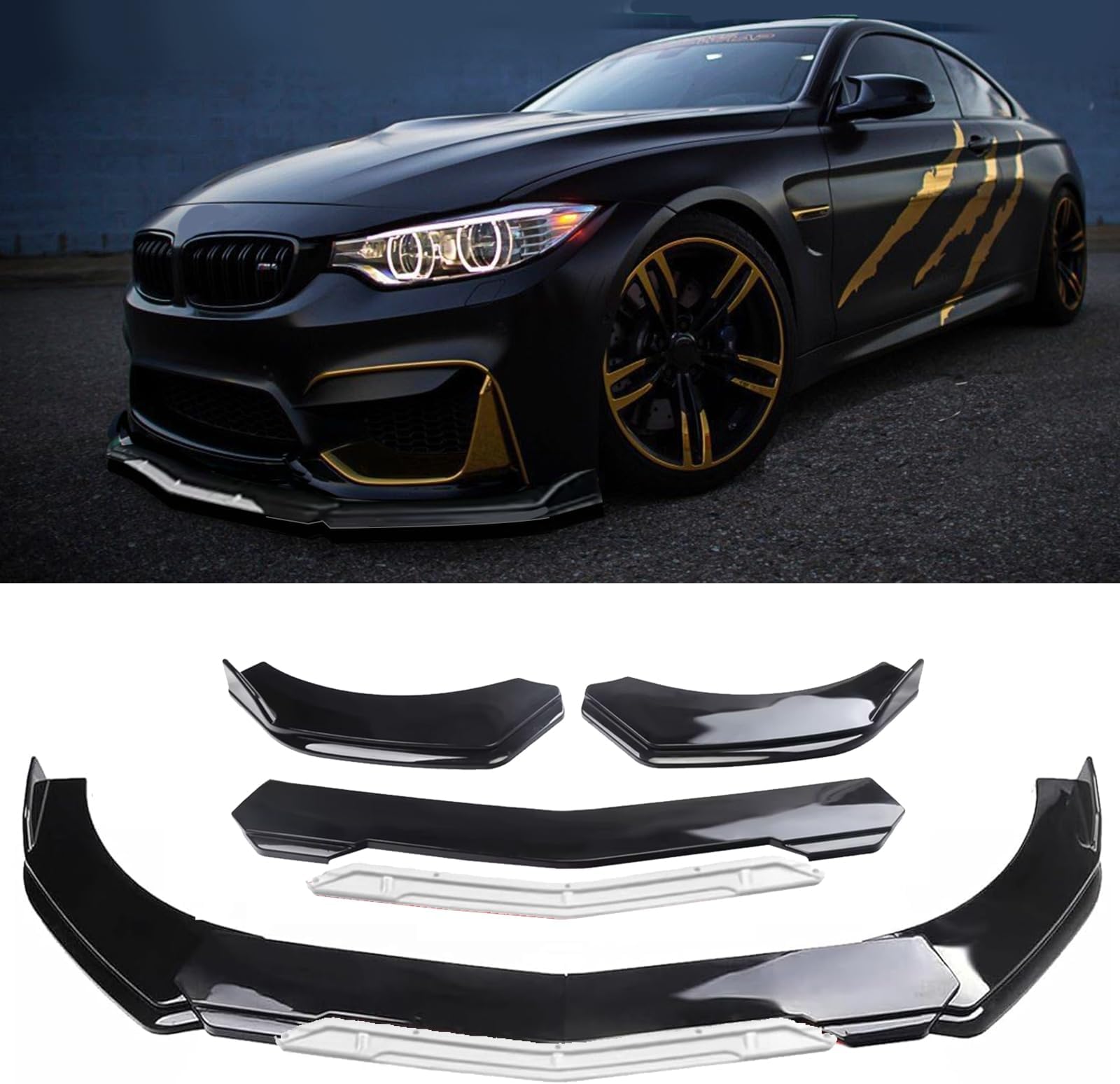 Universal Front Lip for Car,Glossy Black Front Bumper Lip, ABS Adjustable Sharp Corner Front Bumper Lip Splitter Protector Replacement for Most Vehicle (Glossy Black w/White)
