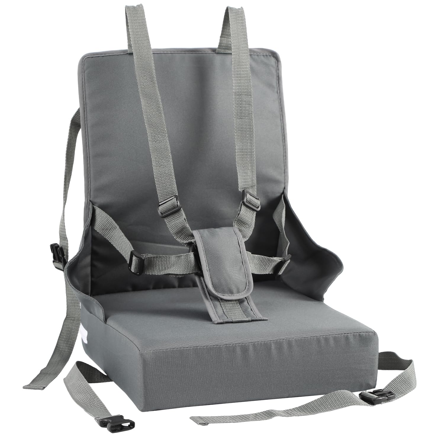 Rehausseur de chaise pour enfant, harnais à 5 points, pliable, coussin d'assise portable avec dossier, imperméable et facile à nettoyer, sac de rangement inclus, gris