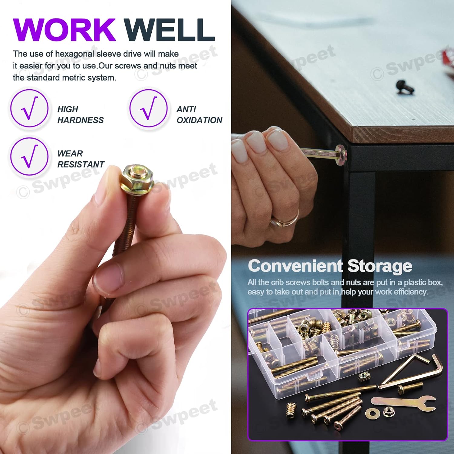 Swpeet 138Pcs M6 x 30/40/50/60/70/80mm Zinc Plated Crib Hardware Screws Kit, Hex Socket Head Cap Crib Bed Bolt and Barrel Nuts Flat Washer and Flange Nuts with Threaded Insert Nuts image 6 of 7 B09MKFZH9R