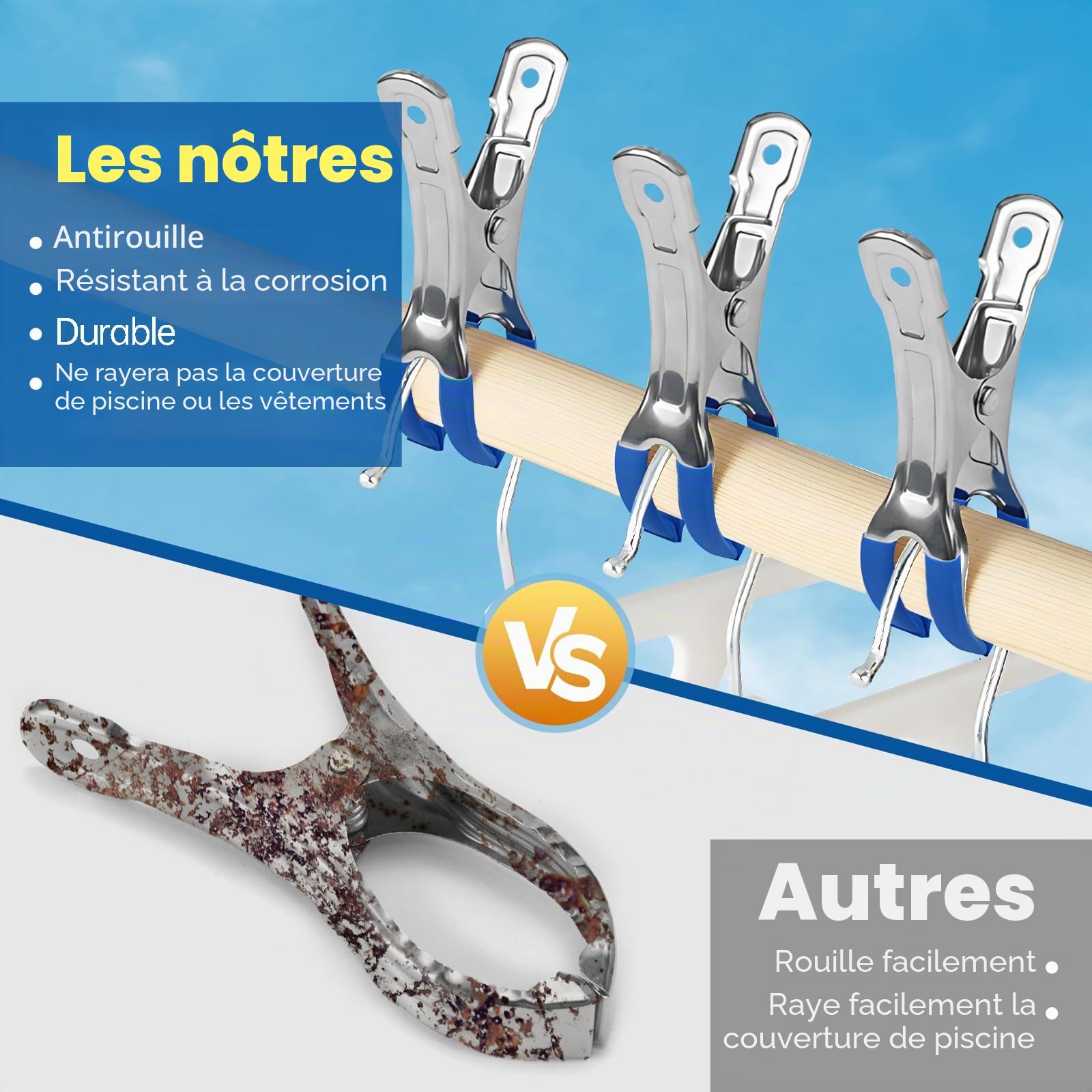10 Pinces de Fixation pour Bâche de Piscine en Acier Inoxydable, Pinces pour Protection Piscines Hors Sol, Clips à Forte Tension Attache Bache Piscine pour Couverture de Piscine