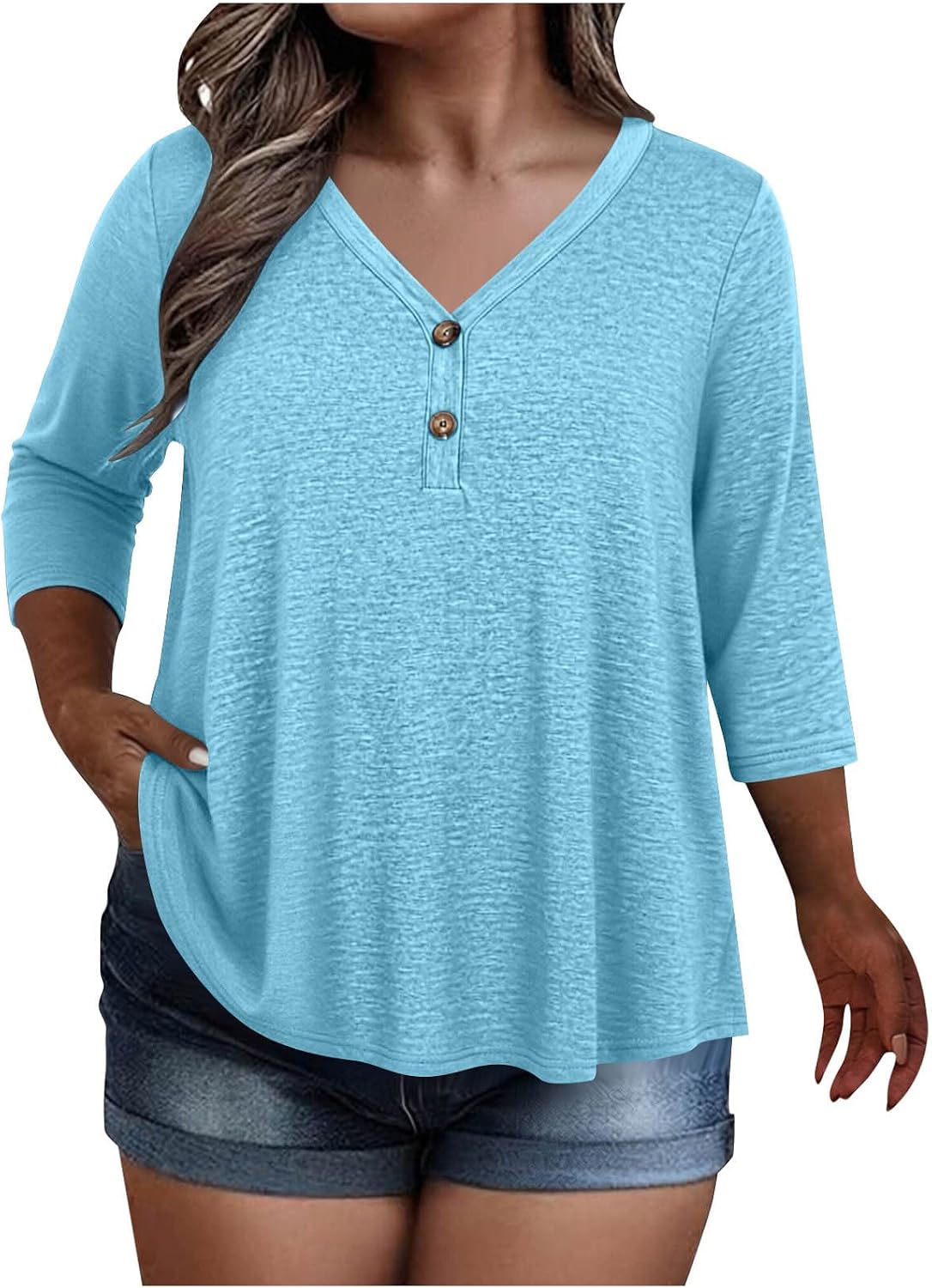 Womens Plus Size Summer Tops 3/4 Length Sleeve V Neck Henley Button Shirts Fashion Loose Fit Dressy Casual Blouses