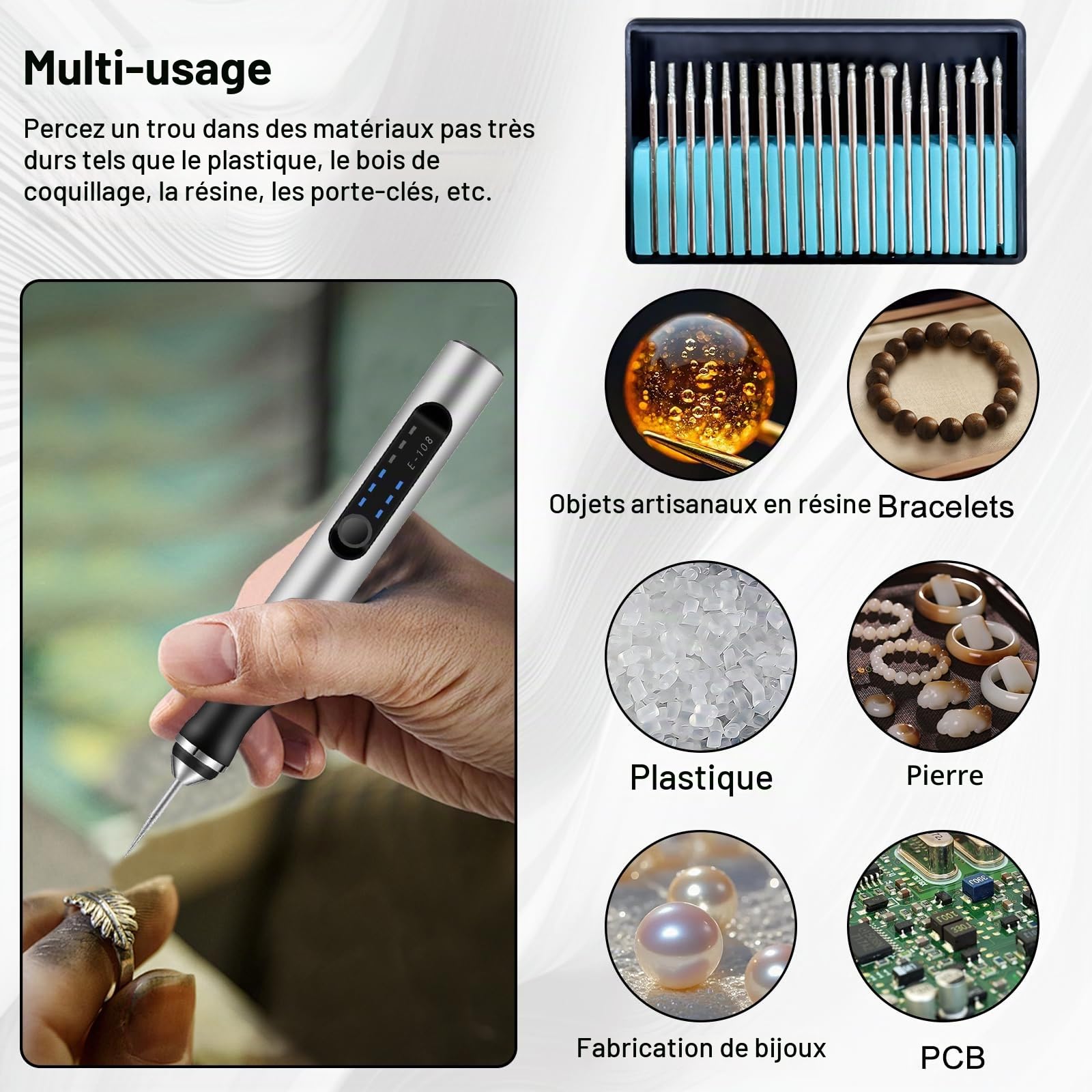 Mini Stylo Perceuse Électrique, Perceuse électrique à 3 vitesses | Rechargeable Avec 20 forets - pour Porte Clés, Pendentif, Cuir, Bois, Résine, Plastique, Fabrication de Bijoux
