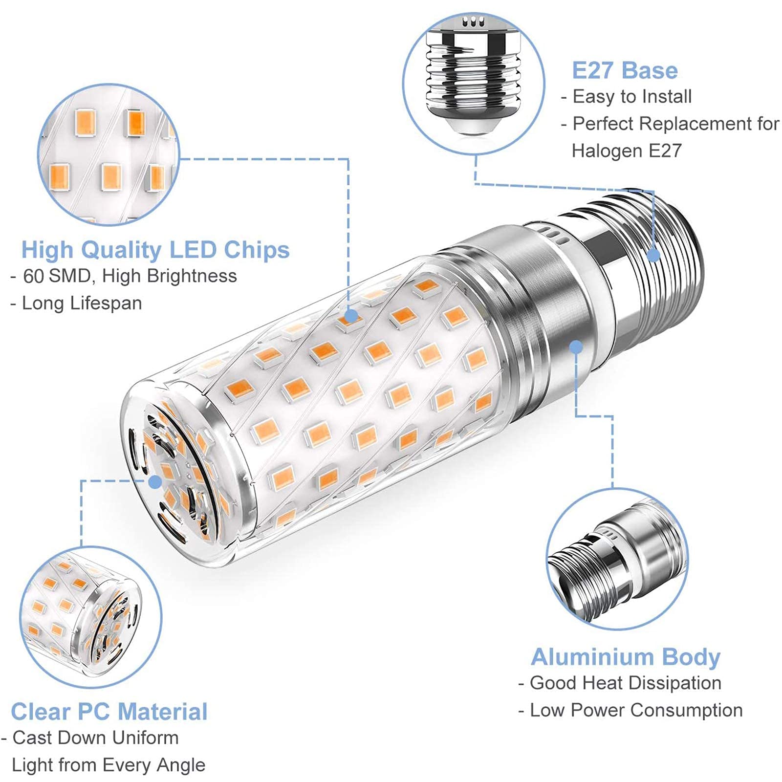 Paquete de 6 bombillas LED E27 brillantes de alto lumen,12 W,bombillas LED de maíz(equivalente a bombillas incandescentes de 100 W),1320 lm,bombillas LED de candelabro de bajo consumo,no regulables(bl