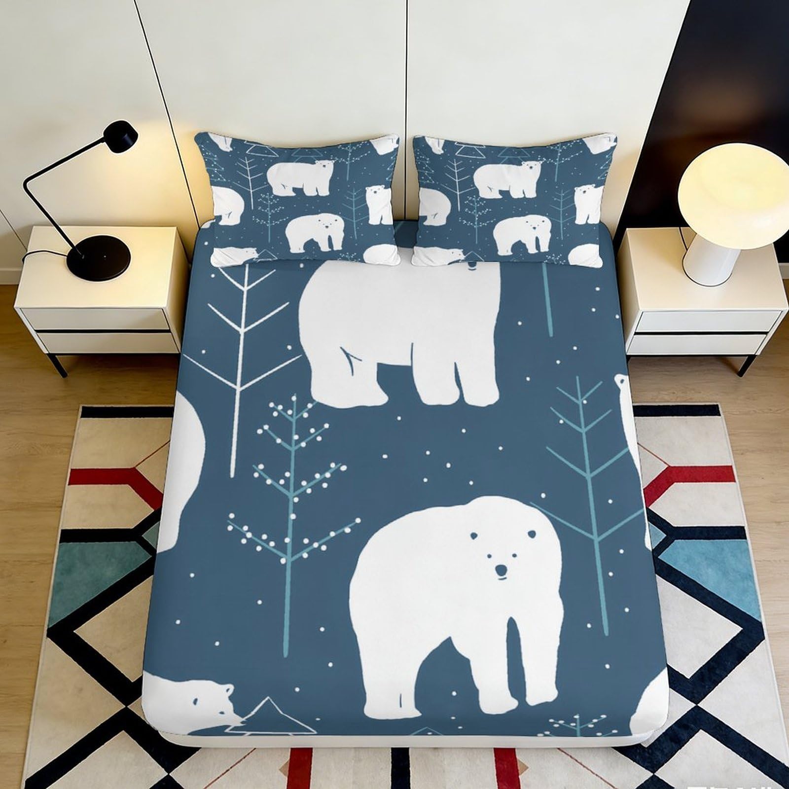 3D Printed Polar Bear Fitted Sheet Microfiber Soft Blue Snow Forest Bed Cover for Bedroom Guest Room Dorm Mattress Decor 120x200cm 200x200x25cm