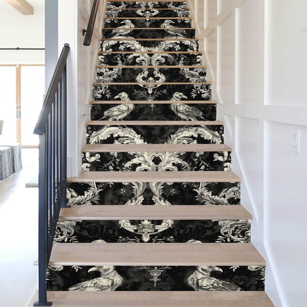 REDAMANCY Black and White Damask Flower Peel and Stick Vinyl Stair Riser Decals - Abstract Boho Art Modern Decoration Self-Adhesive Home Decor Staircase Tile Stickers (14Pcs)