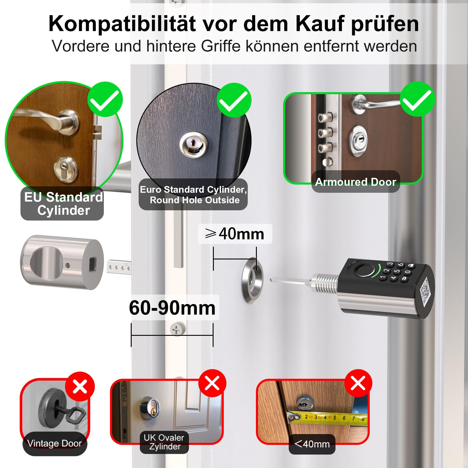 WELOCK U71 Fingerabdruck Passwort Türschloss mit Schlüssel für EU-Profiltür | Elektronisches Türschloss Code mit App und Karte, Zahlencode Türschloss Verstellbarer, Smart Lock für 60-90mm tür