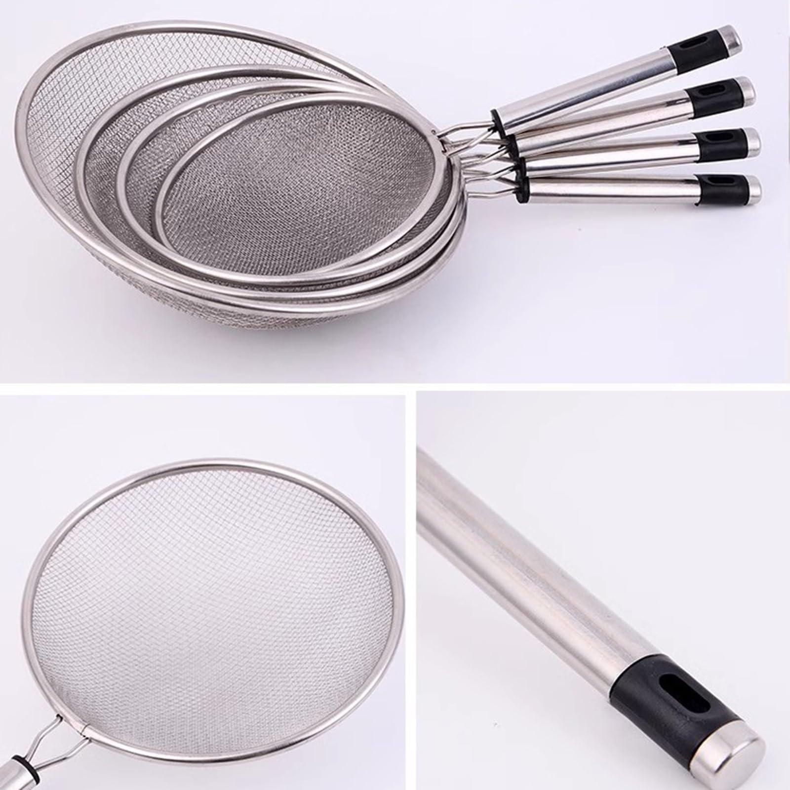 Tamiz de harina de acero inoxidable, juego de 4 tamices de 14/16/18/21 cm, tamiz de cocina de malla fina de acero inoxidable 304 para colar o drenar