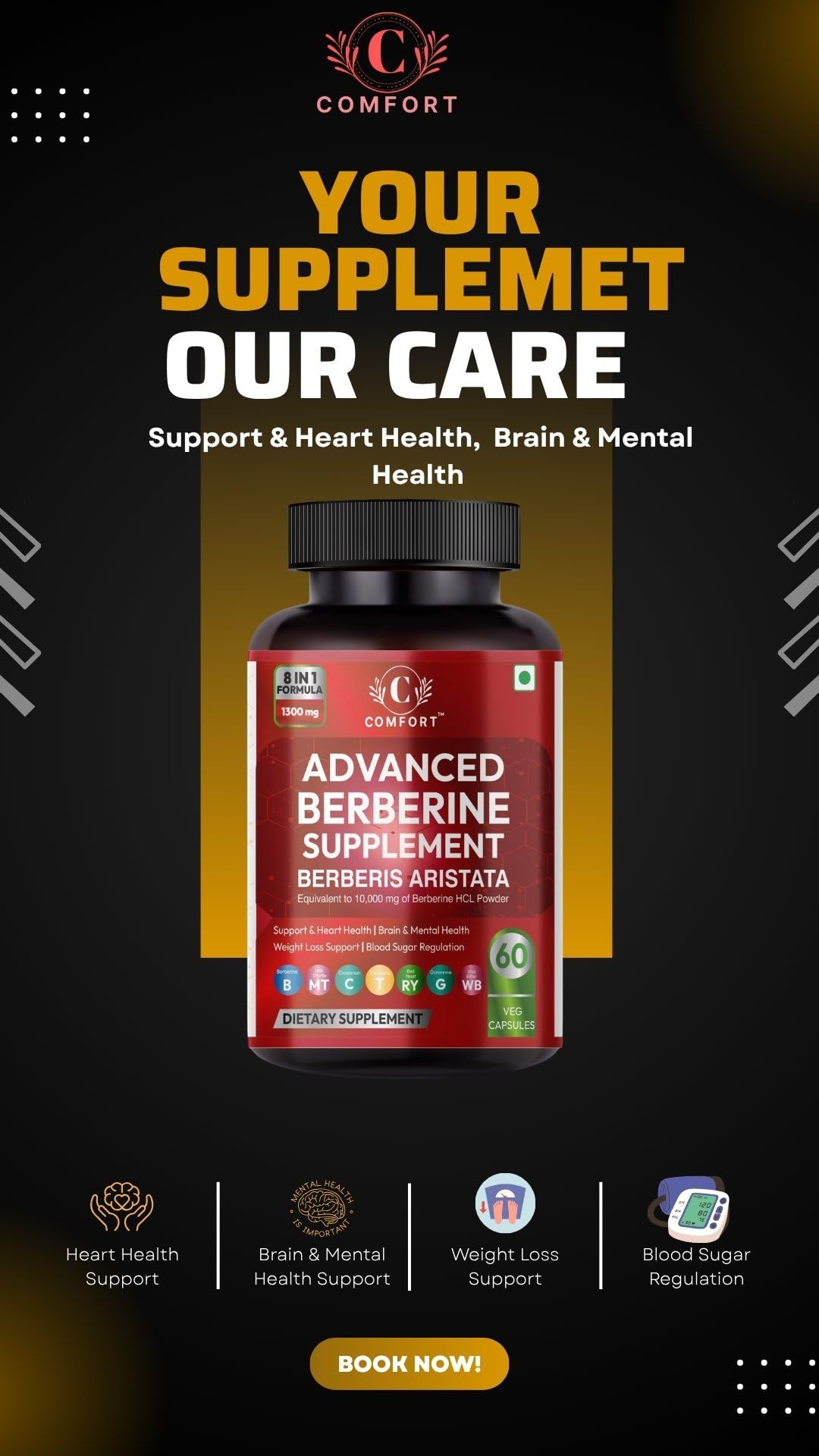Comfort ADVANCED Berberine Supplement with Berberis 98% with Milk Thistle Aristata, 8-in-1 Formula, HCL 98% Herbal Formula for Imunity, Blood Sugar Control, Weight Management and PCOS suppor 60 Veg Capsules,1300mg Per Serving Non-GMO & Gluten Free (60) - Image 7 thumbnail
