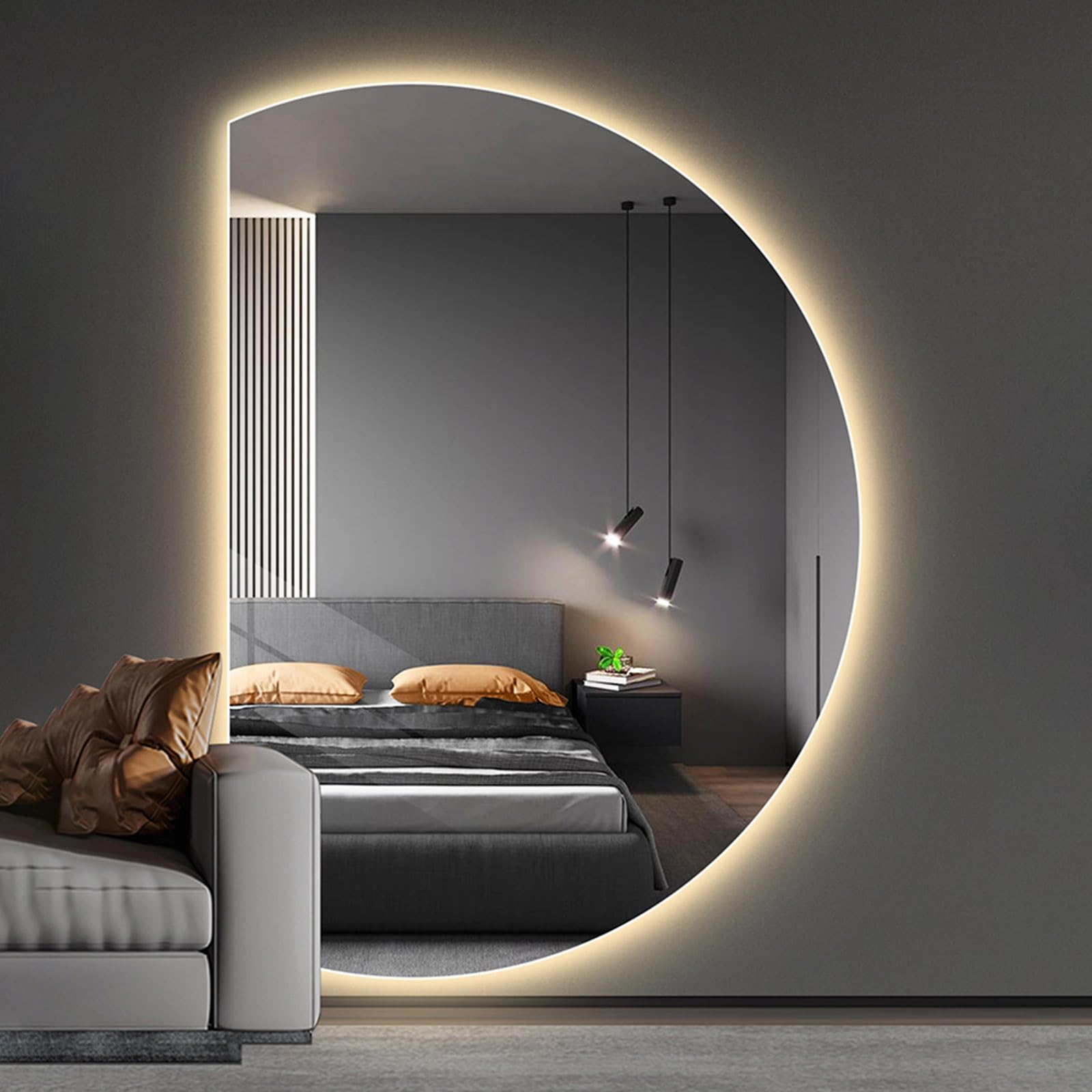 SXFSDOU 43" Semicircl Backlit Frameless Vanity Mirror with Lights, 51" Irregular Bathroom anti-Fog 3 Colors Dimmable Brightness(Left Cut,120x80cm/47x32in)