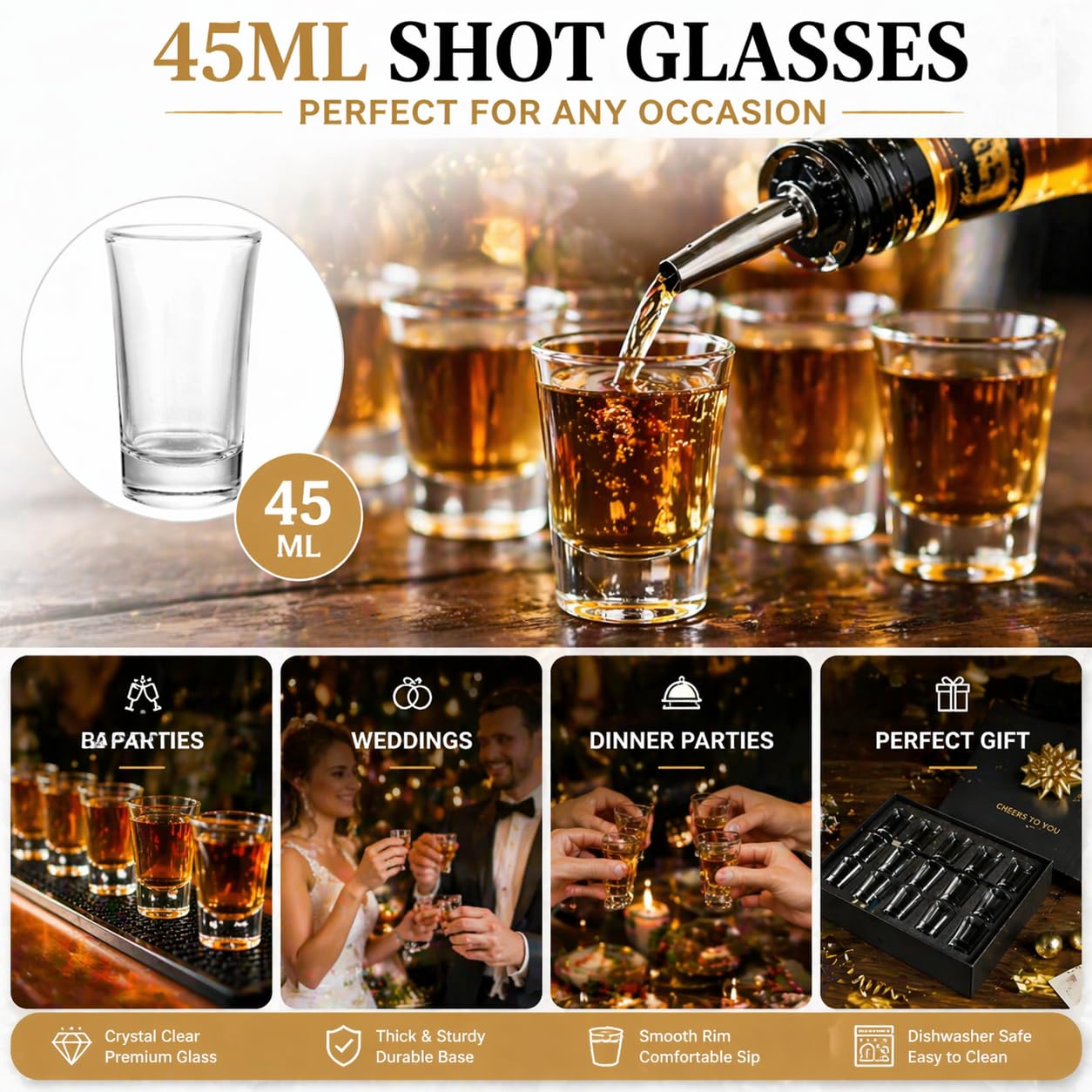 YAYODS 36 bicchieri da liquore da 45 ml, lavabili in lavastoviglie, riutilizzabili con 4 beccucci in acciaio inox, per liquori alle erbe, bismarck, vodka, tequila