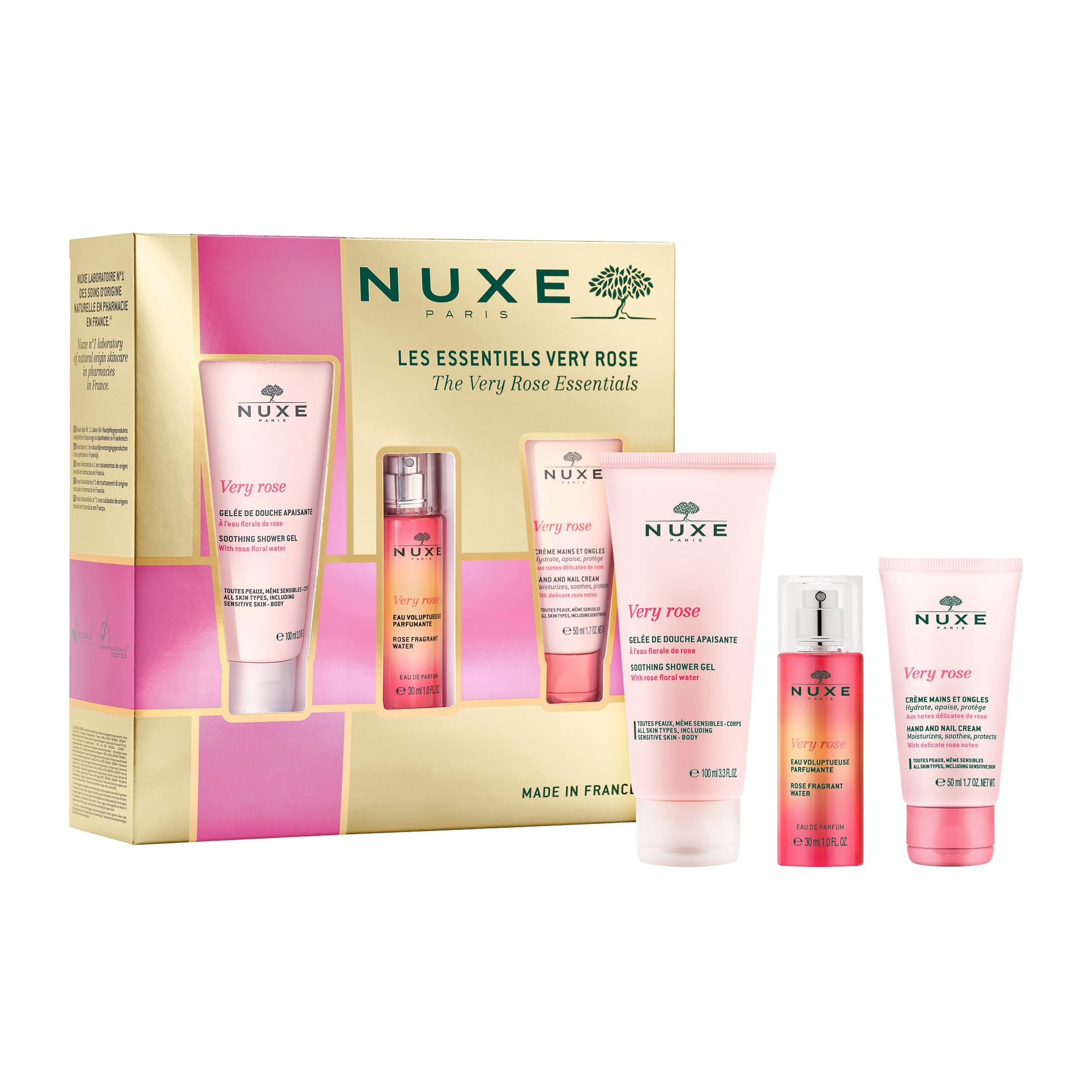 NUXE Zestaw Very Rose Krem do rąk + Żel pod prysznic + Woda Zapachowa 30ml