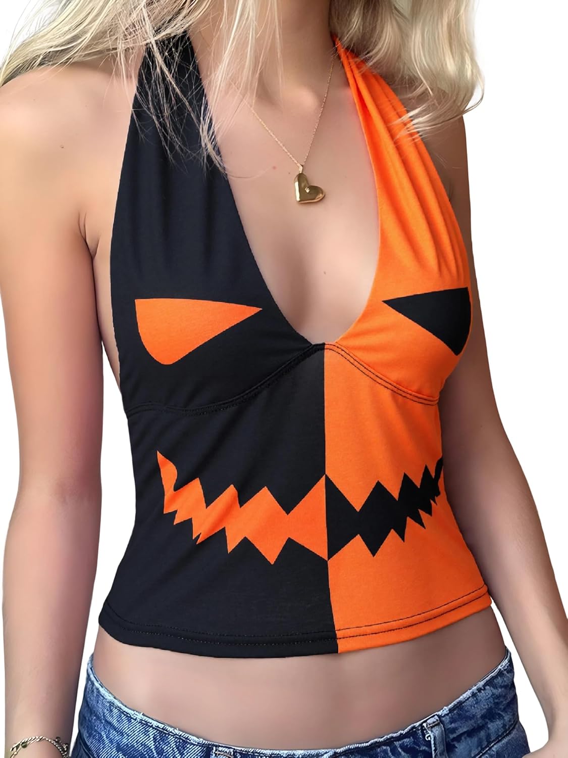 EMMIOL Women Halter Going Out Tops Sexy Deep V Neck Blackless Sleeveless Open Back Crop Tank Top Y2K Coquette Clothes Halloween Pattern 2 X-Large