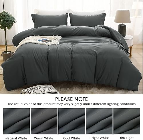 Miniatura 8 de Juego de funda de edredón gris oscuro tamaño King, de microfibra cepillada suave y refrescante, 3 piezas con cierre de cremallera, 1 funda de