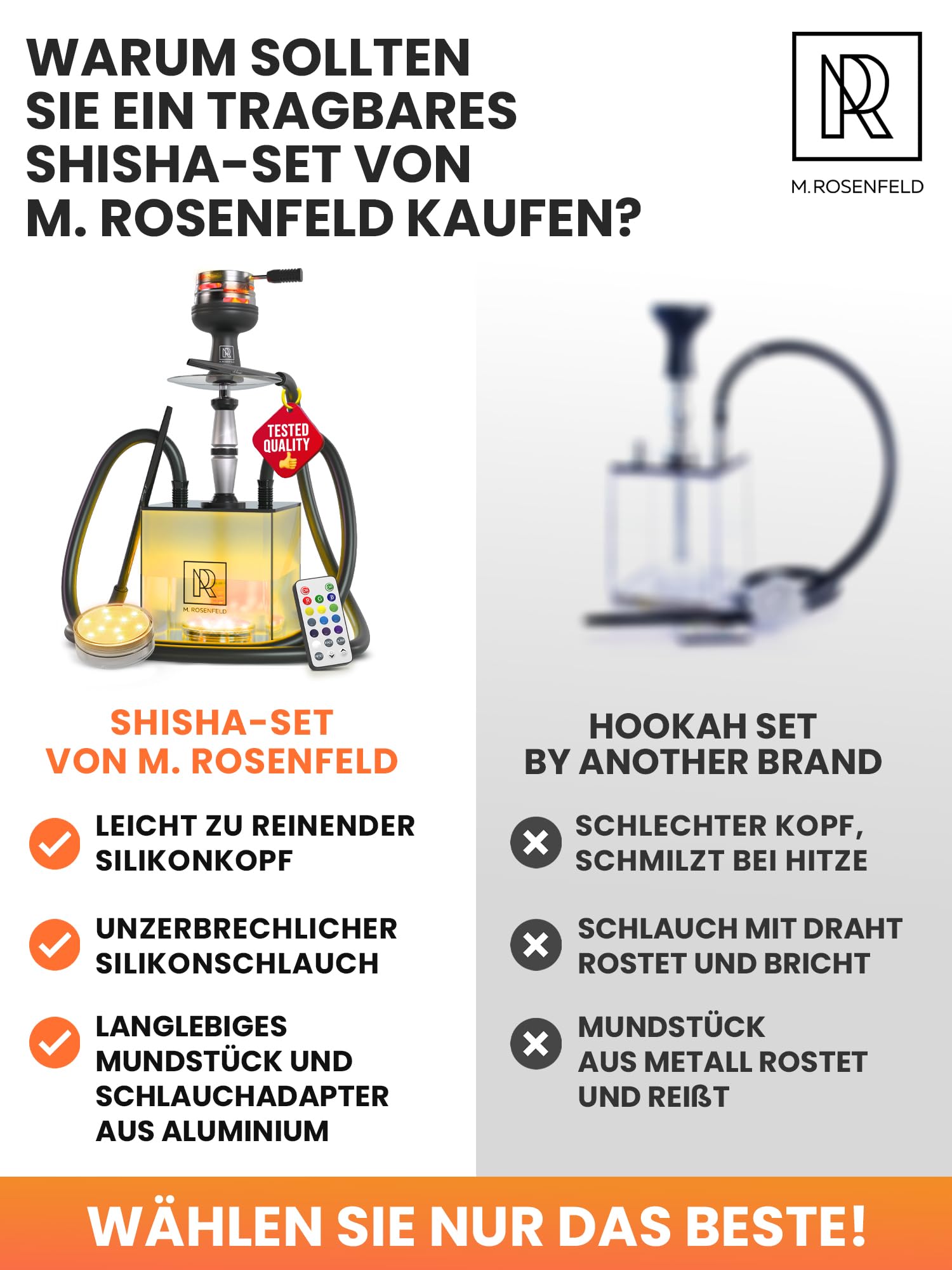 M. ROSENFELD Shisha Set Komplett To Go mit Tasche & Premium Zubehör – Kopf Set mit HMD, Mundstück, Aluminium Tauchrohr, Diffusor & Acryl Bowl Schwarz