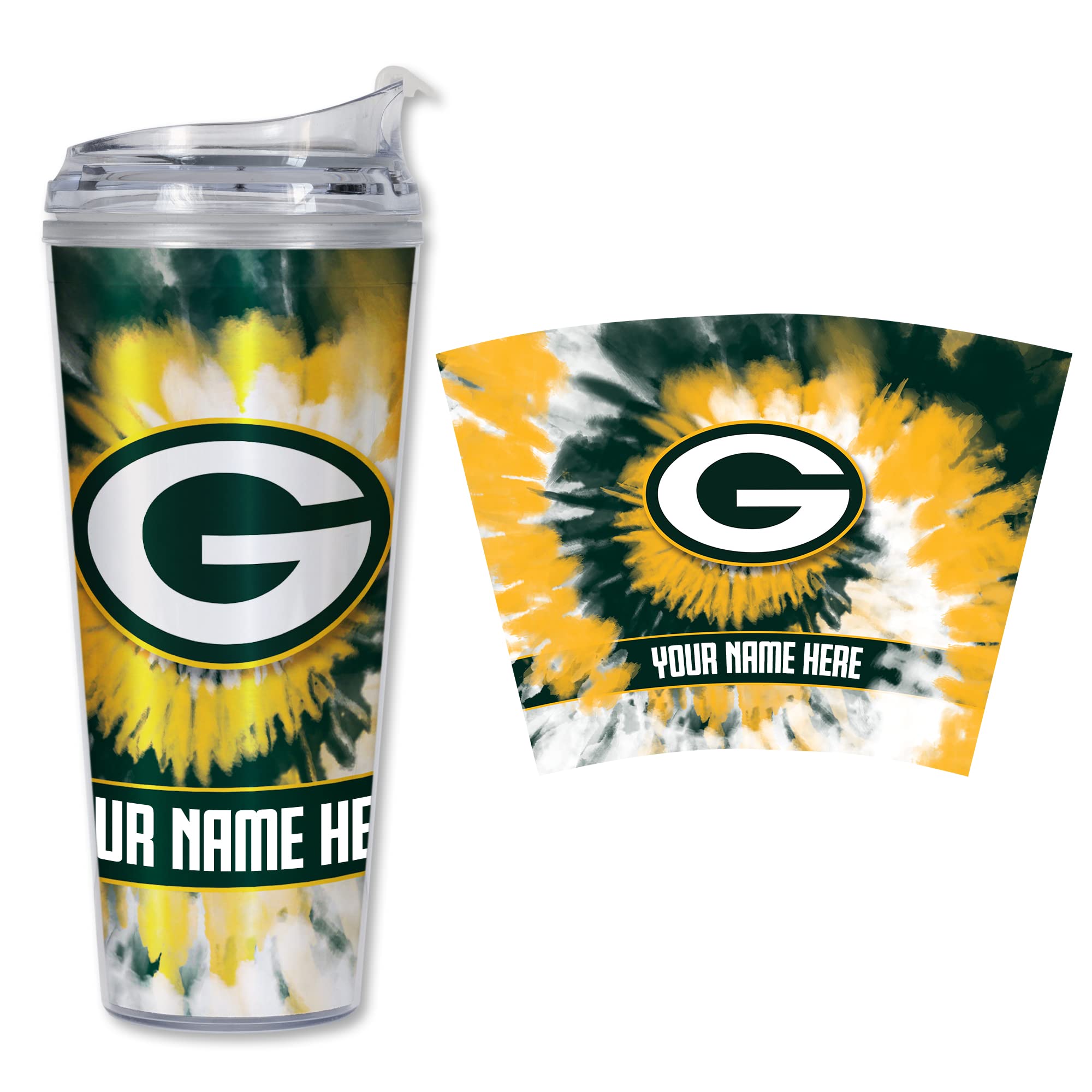 Rico Industries NFL Football Green Bay Packers Metallic Tie Dye Personalized 24oz Acrylic Tumbler W/Hinged Lid - Team Colored Metallic Art Plastic