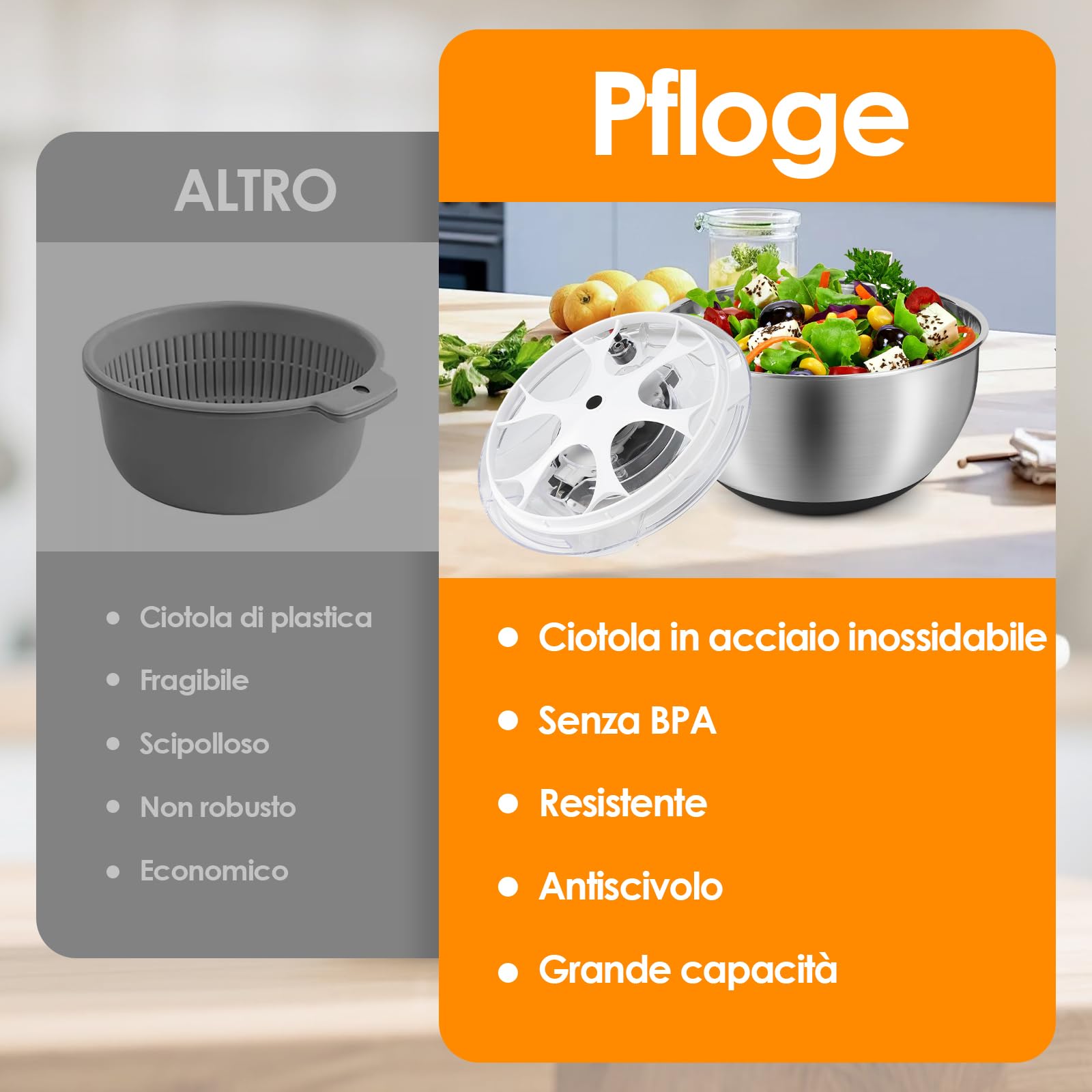 Centrifuga Insalata in Acciaio Inox, 4,5L Asciuga Insalata Centrifuga con Coperchio E Base Antiscivolo, Lava Insalata Centrifuga Ideale per Lavare E Asciugare Verdure E Pasta