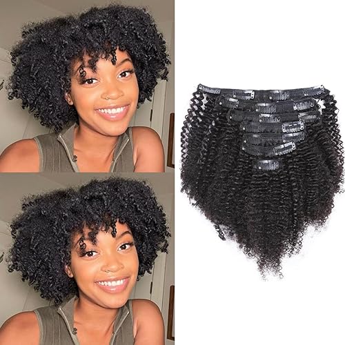 Caliee Extensiones de cabello afro rizado con clip para mujeres negras 3C 4A extensiones de cabello humano Remy real color negro natural 423oz 10