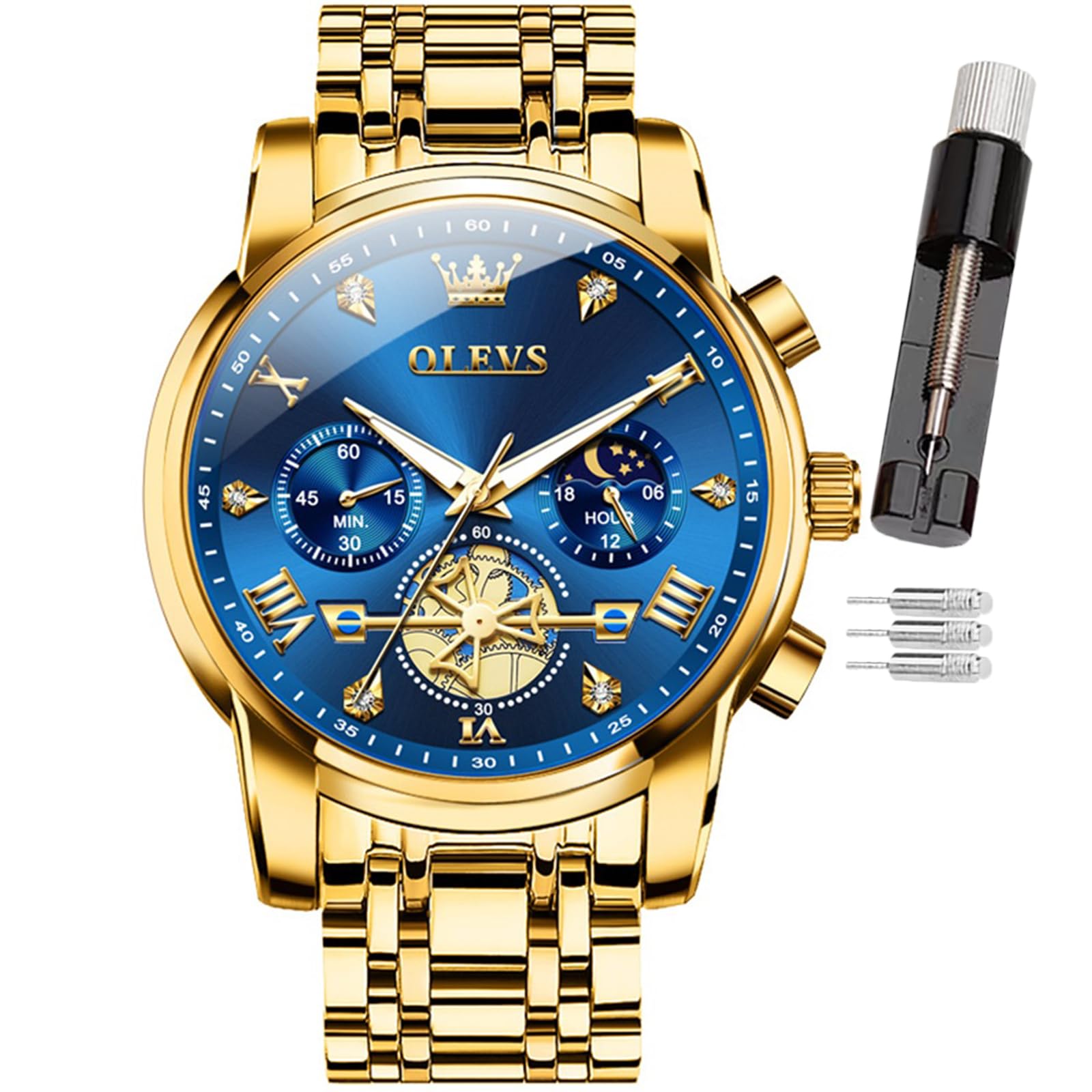 OLEVS Reloj para Hombre, con código de Tiempo, Correa de Acero Inoxidable, Resistente al Agua, Multifuncional, subesfera, Reloj de Negocios, Cuarzo Redondo, Relojes de Lujo para Hombre