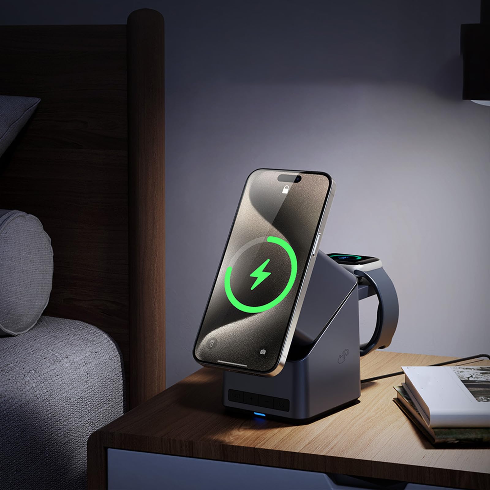 Hub de charge rotatif tactile 15 W pour téléphone portable, écouteurs, montre intégrée, horloge numérique LED intégrée, station de charge multifonction