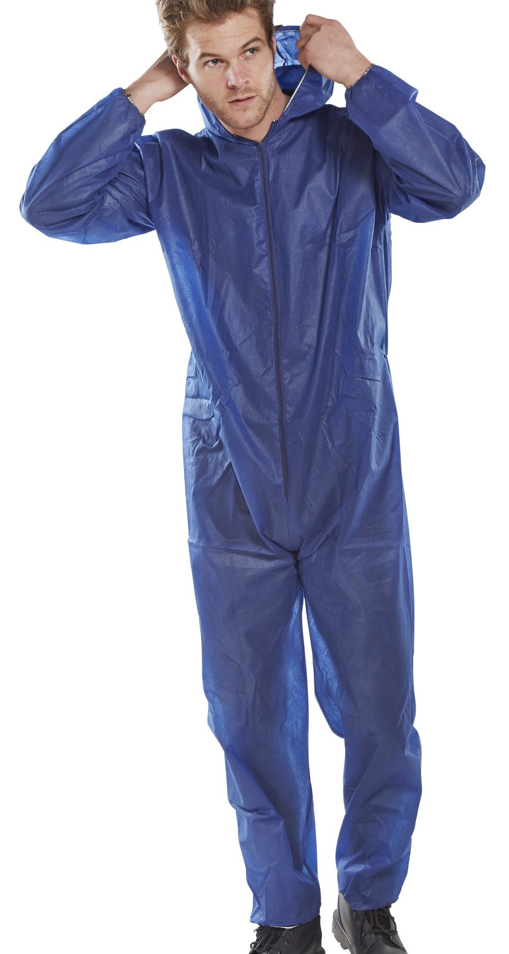 Workwear World WW208 Disposable Blue Boiler Suit Protective Zipped Coverall with Hood Sizes M-XXL