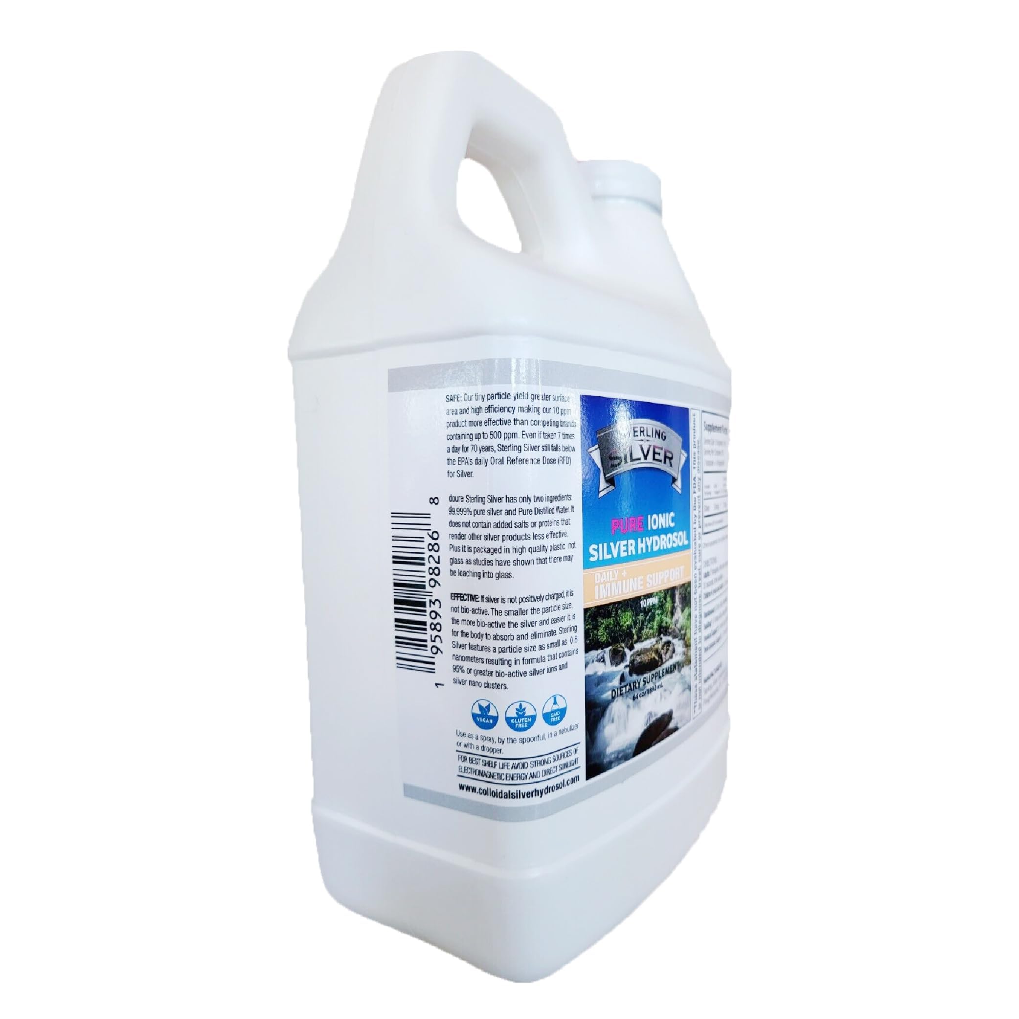 Sterling Silver Pure Ionic Colloidal Silver Hydrosol Liquid 10PPM - 64 Oz - Immune Support Supplement - Nano Silver Minerals Water Solution for Adults, Kids, Pets, Dogs, Cats - Odorless & Tasteless