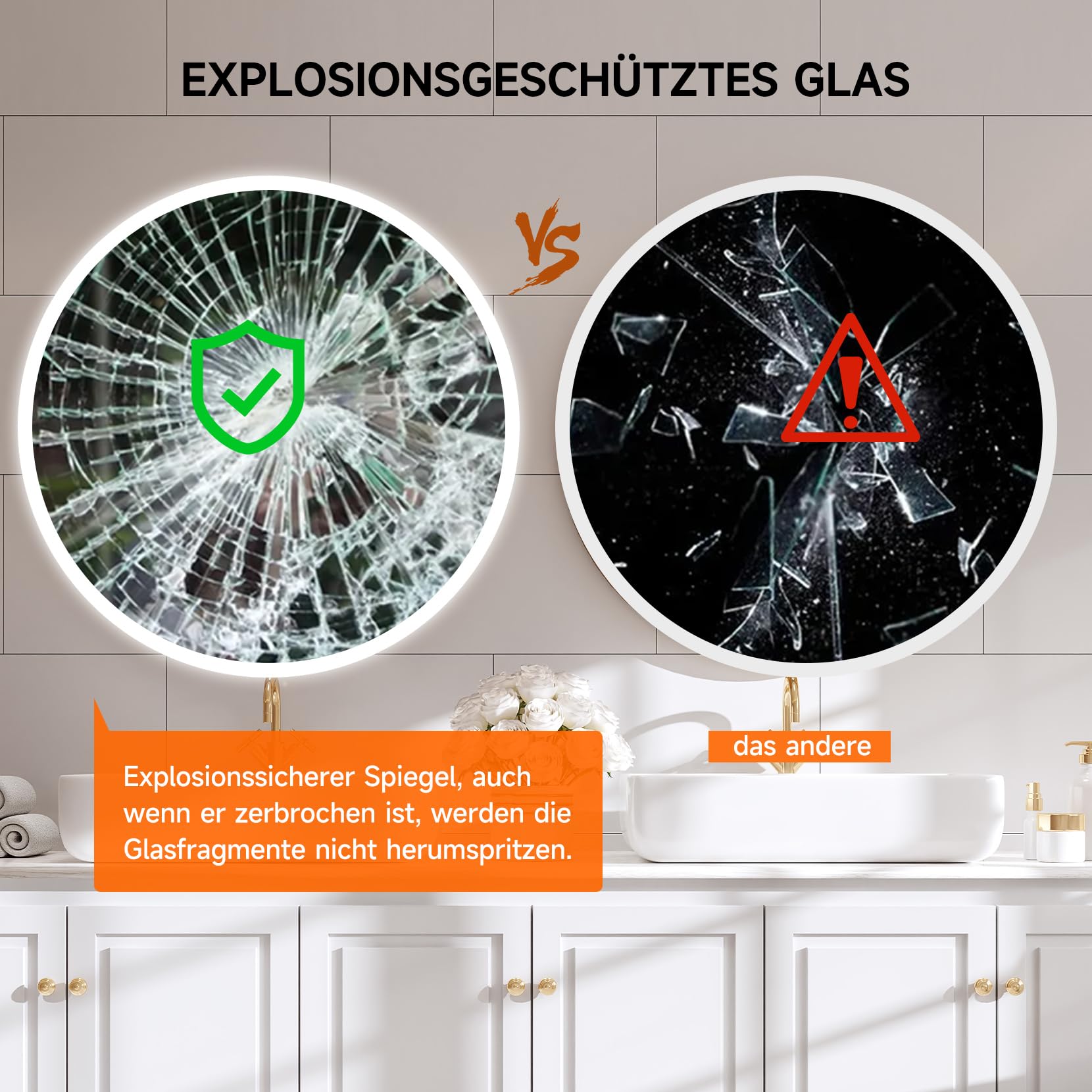 YOLEO Specchio Bagno Rotondo con Luce LED Orientabile in 3 Colori, 70 x 70 cm Specchio da Bagno con Interruttore Touch e Funzione Antiappannamento, 6400 K