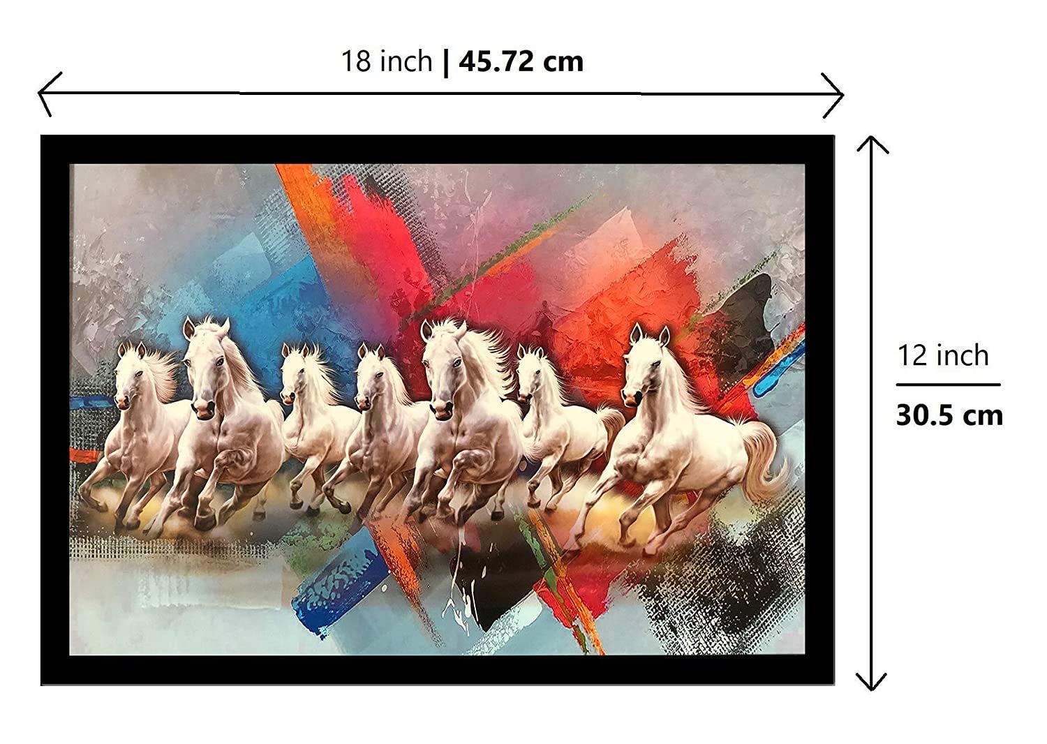LIFEHAXTORE ® Wood Seven Lucky Running Vastu Horses Art Framed Painting Ready to hang - (White, 12inch x 18 inch)