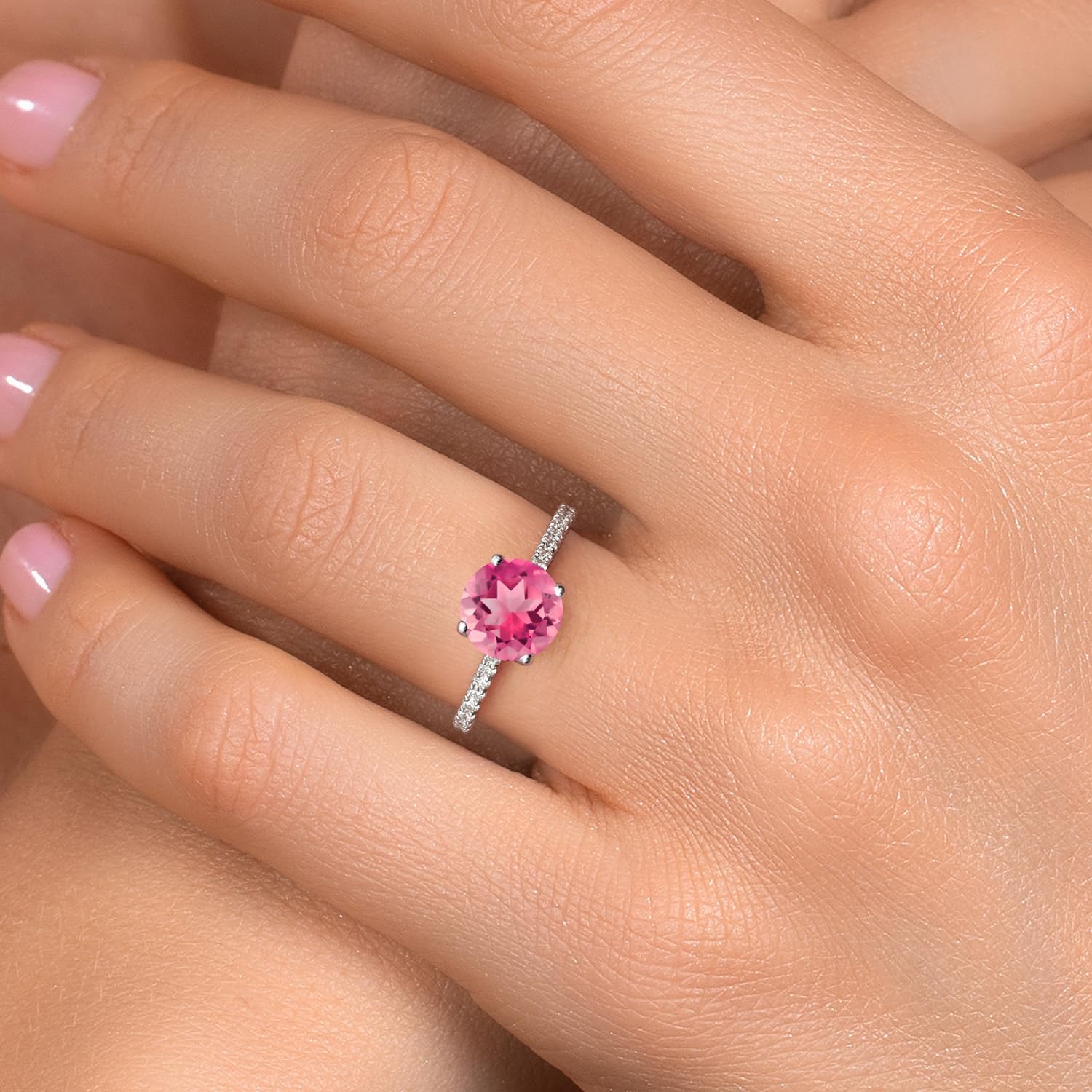 Gem Stone King 14K White Gold 8MM Round Gemstone Birthstone and White Lab Grown Diamond Engagement Ring | Wedding Anniversary Promise Gold Ring For Women | Available In Size 5, 6, 7, 8, 9 - Image 4