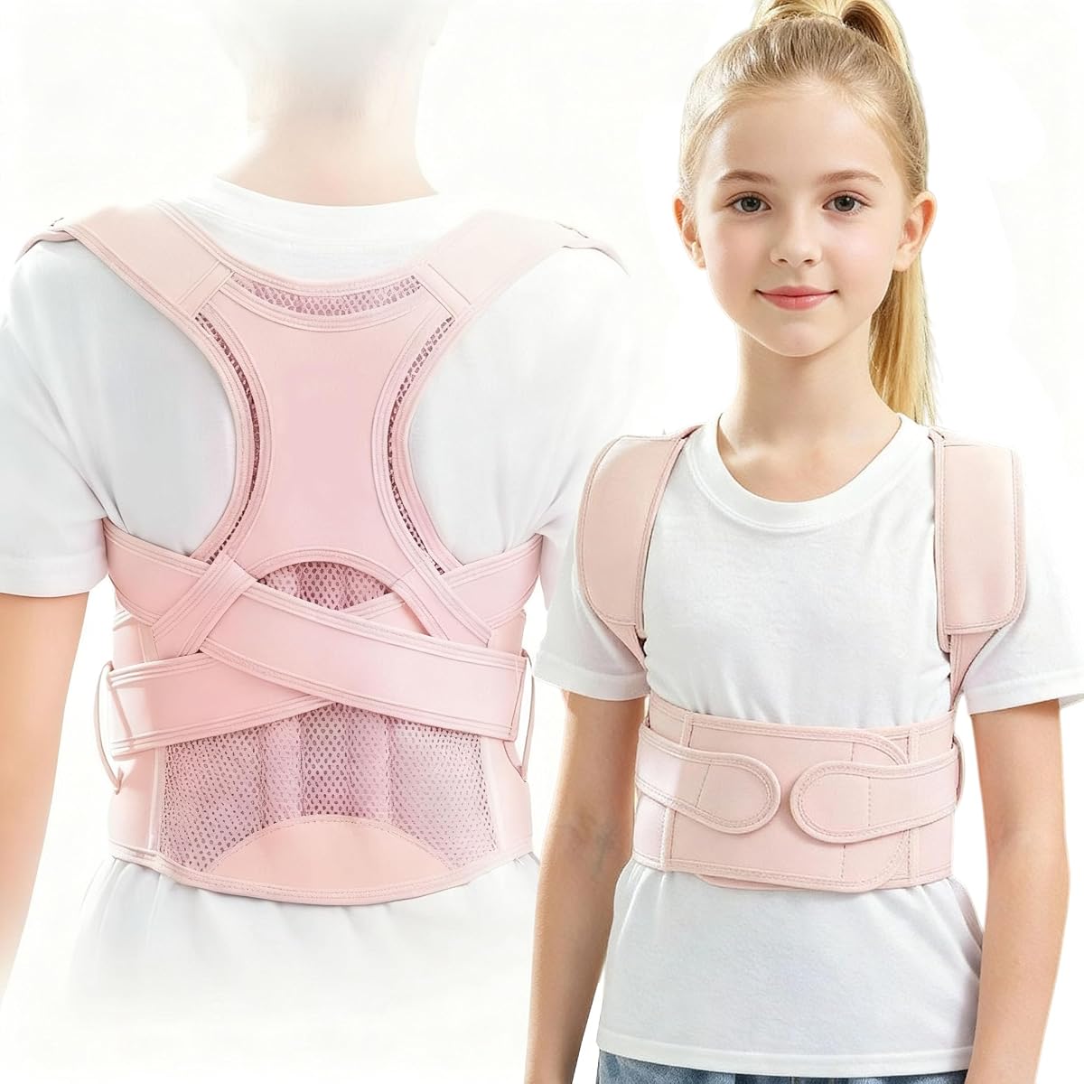 Kids Back Brace Posture Corrector for Boys Girls Teen Youth, Adjustable Upper Back Straightener Lumbar Support Belt for Children Teenager Hunchback Scoliosis Pain Relief Spine Corrector (Pink, Small)