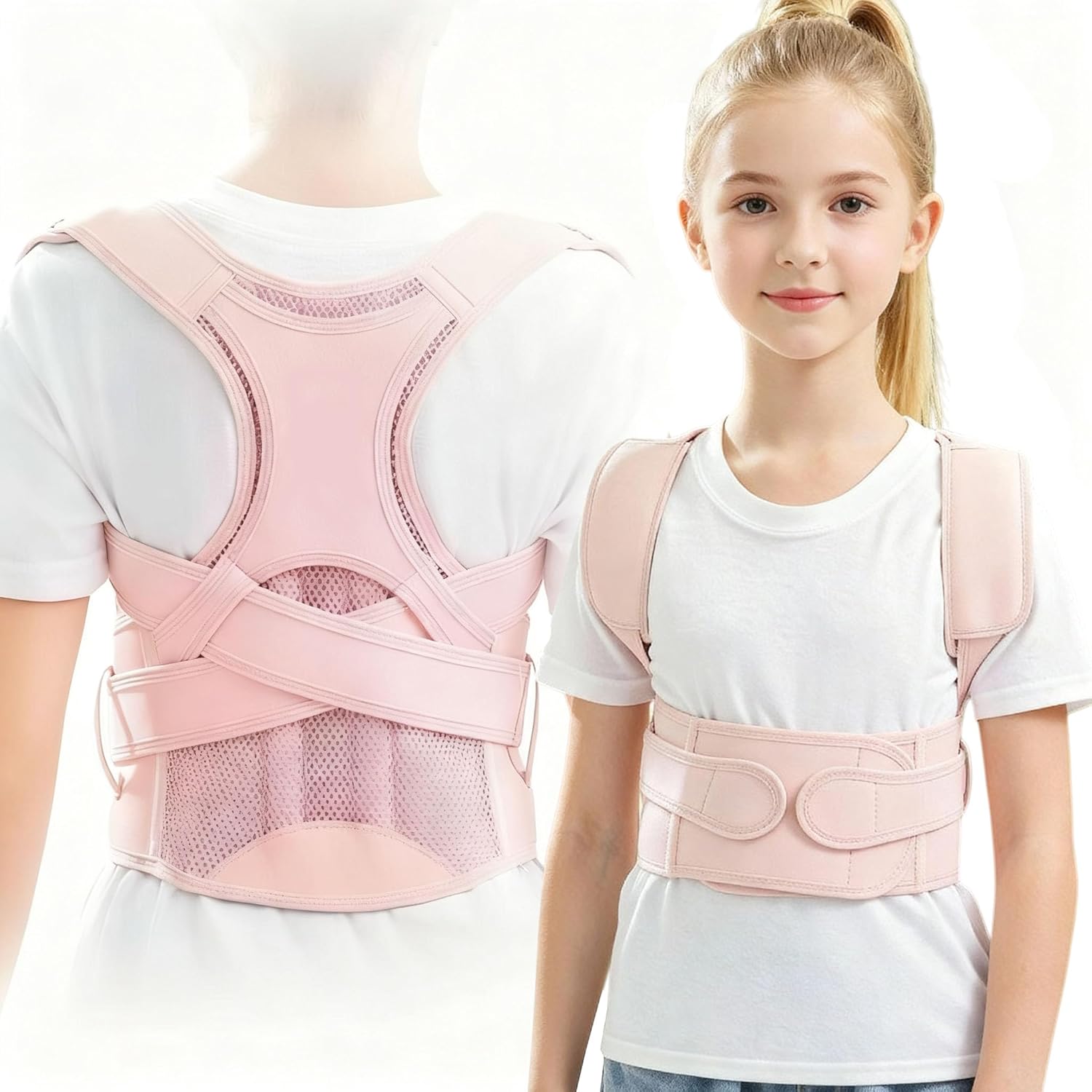 Kids Back Brace Posture Corrector for Boys Girls Teen Youth, Adjustable Upper Back Straightener Lumbar Support Belt for Children Teenager Hunchback Scoliosis Pain Relief Spine Corrector, Pink Large